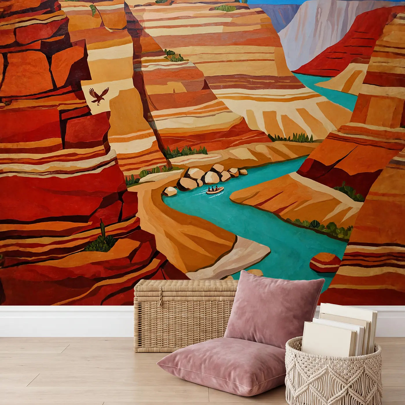 Desert Canyon River Rafting Wallpaper Mural in playroom setting by Whimsy Tots