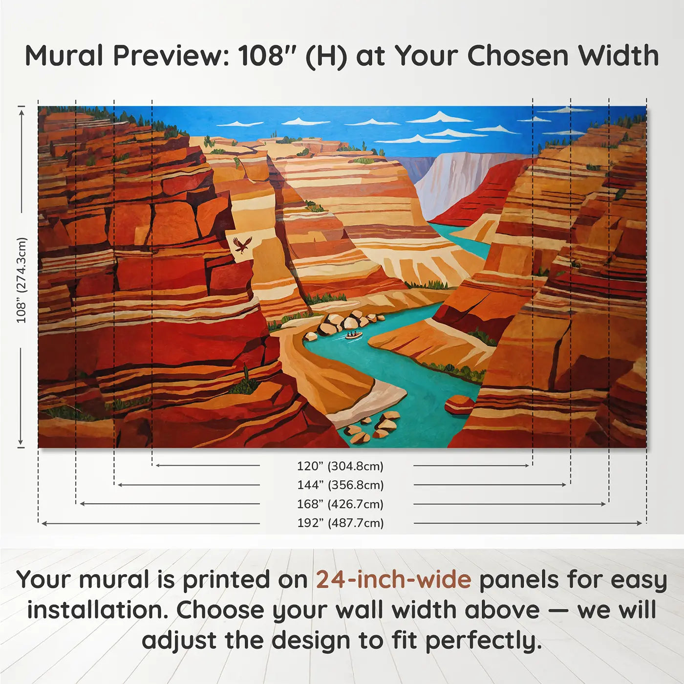 Panel layout and dimensions for Desert Canyon River Rafting Wallpaper Mural by Whimsy Tots