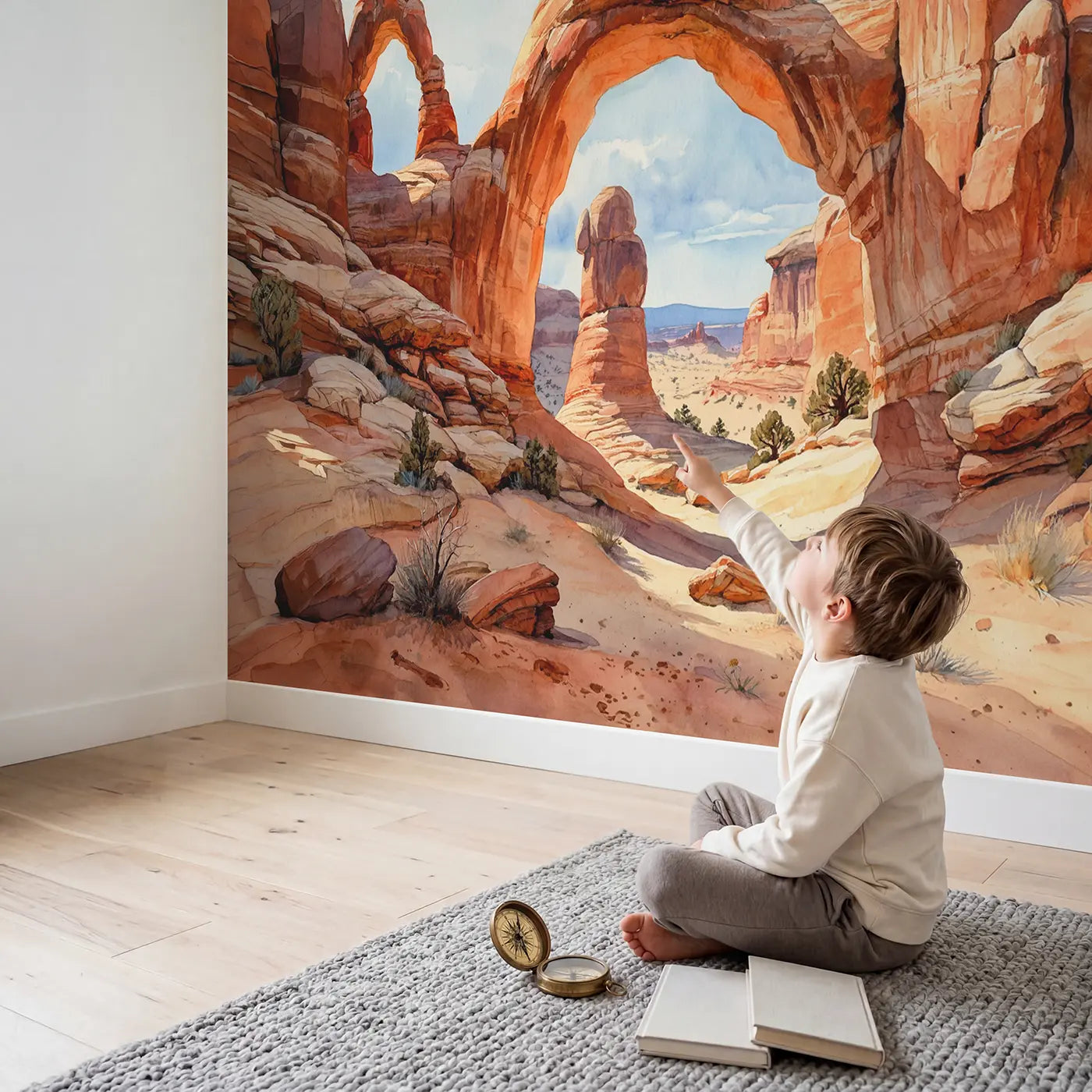Child in nursery with Desert Arches Formation Wallpaper Mural by Whimsy Tots