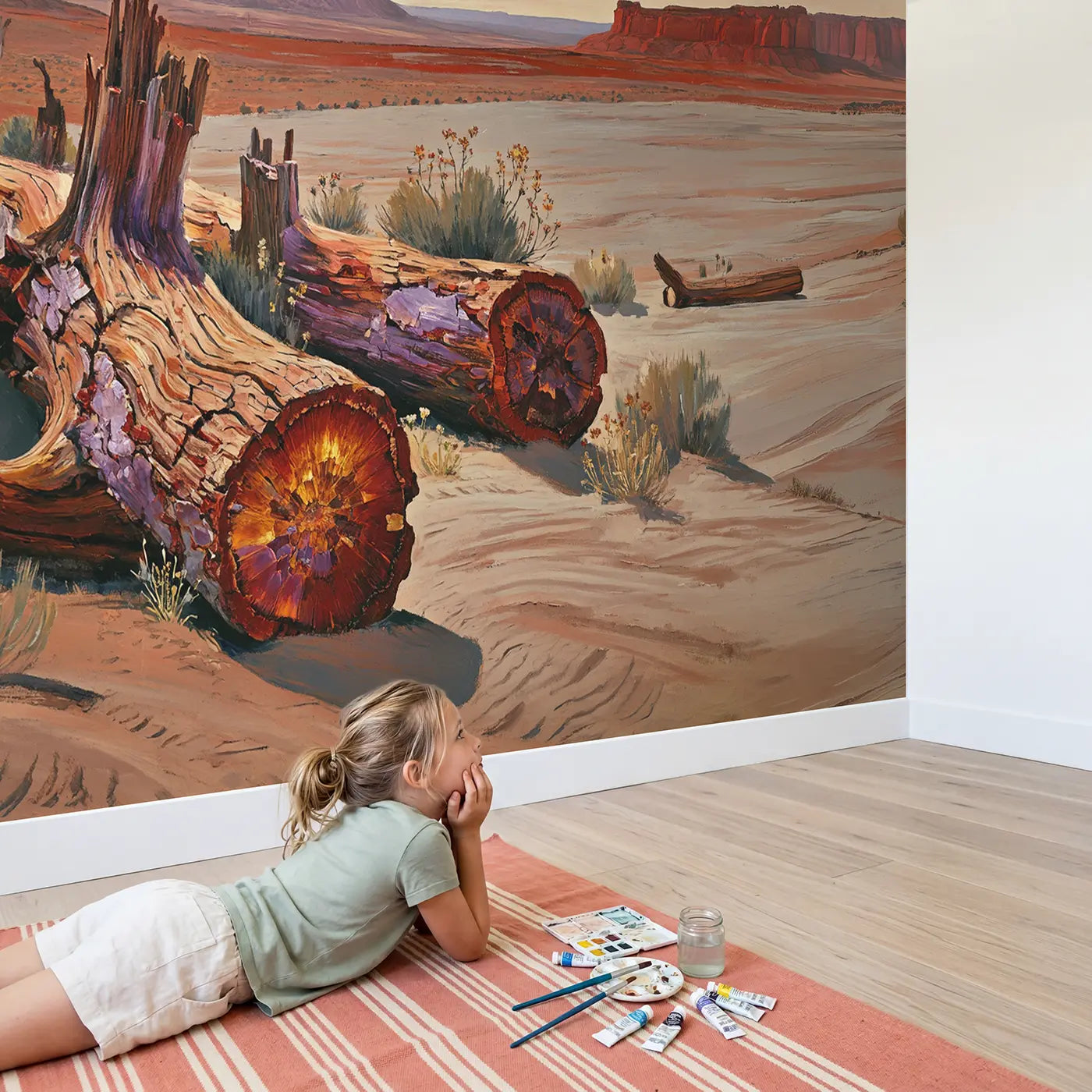 Child in nursery with Petrified Forest Ancient Wallpaper Mural by Whimsy Tots