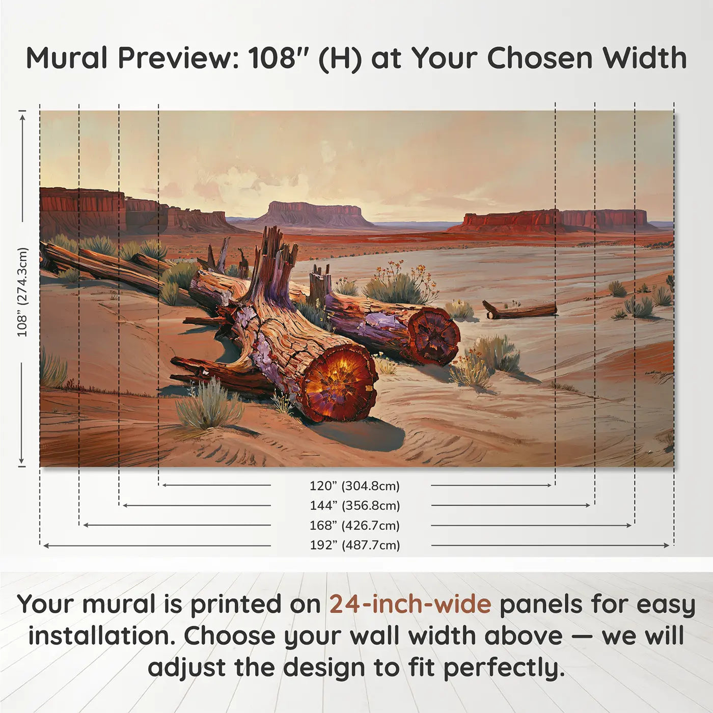 Panel layout and dimensions for Petrified Forest Ancient Wallpaper Mural by Whimsy Tots