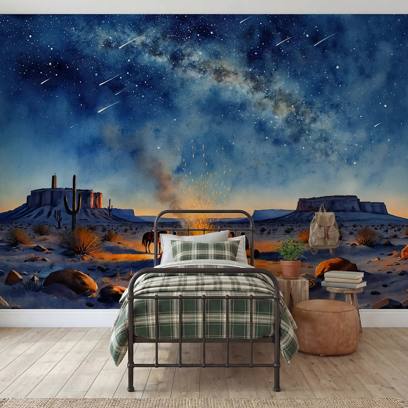 Watercolor desert campfire starry sky wallpaper mural for boys room by Whimsy Tots