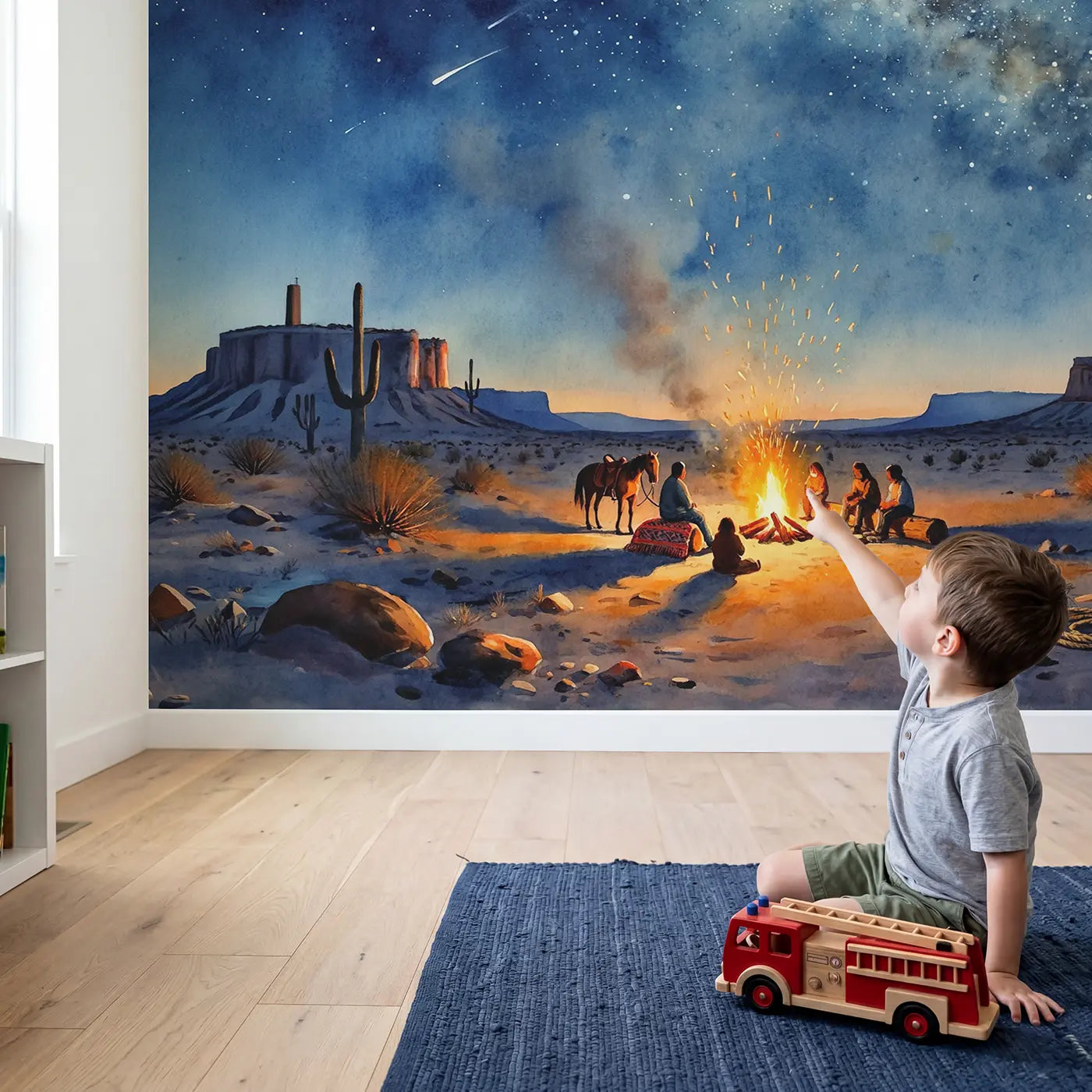 Child in nursery with Desert Campfire Stories Wallpaper Mural by Whimsy Tots