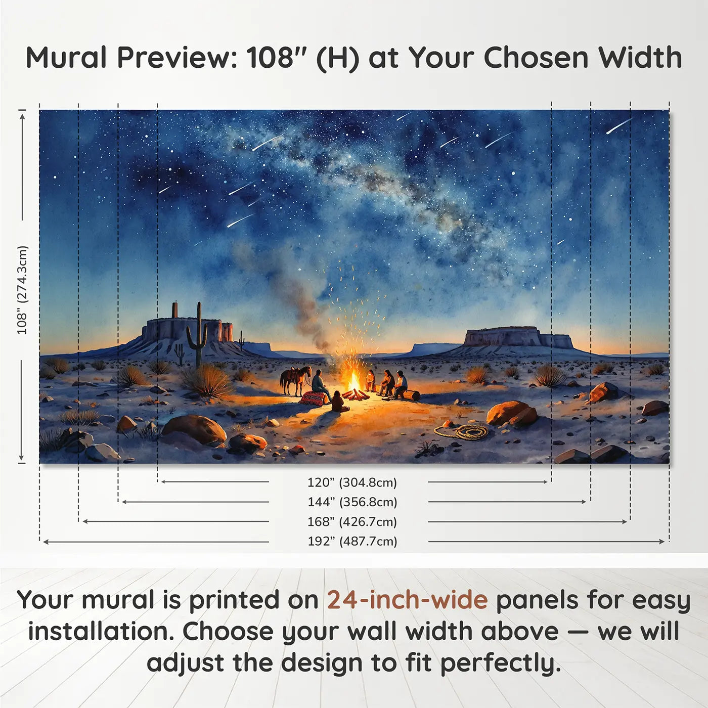 Panel layout and dimensions for Desert Campfire Stories Wallpaper Mural by Whimsy Tots