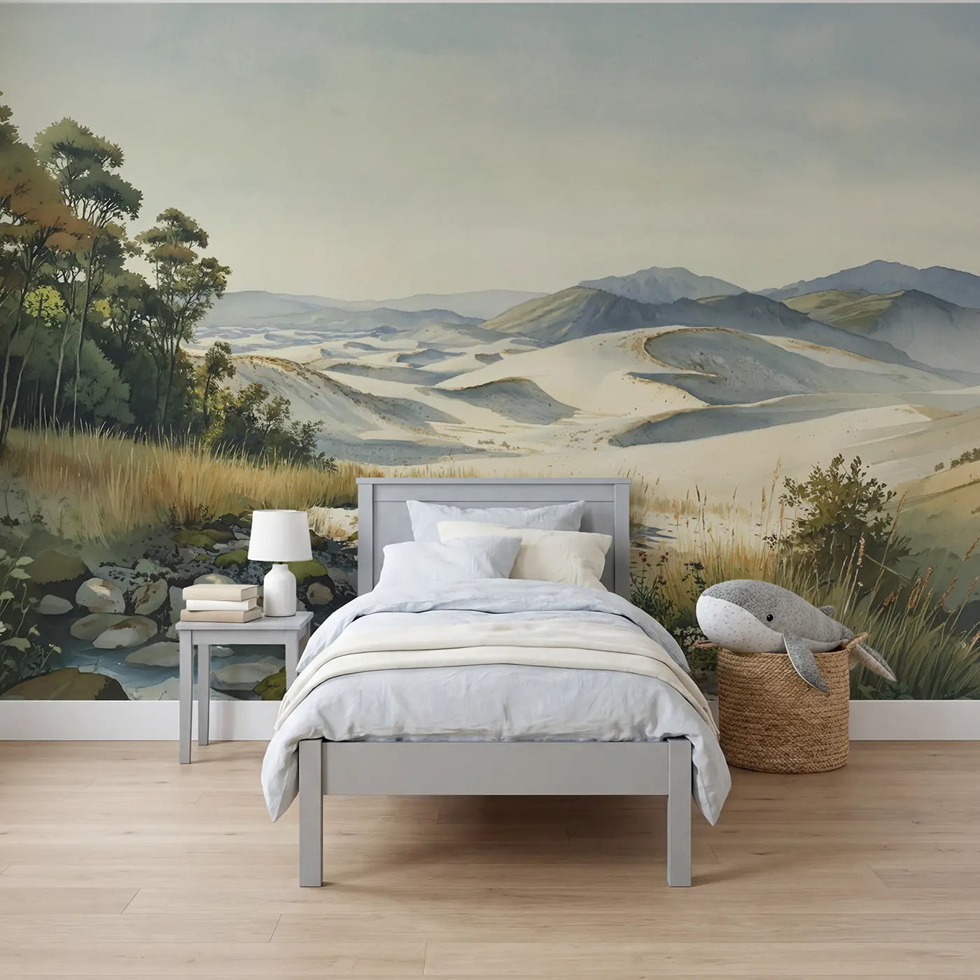 Watercolor white sands desert landscape wallpaper mural for boys room by Whimsy Tots