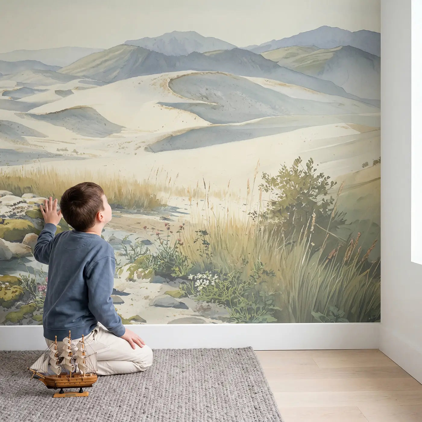 Child in nursery with White Sands Desert Stretching Wallpaper Mural by Whimsy Tots