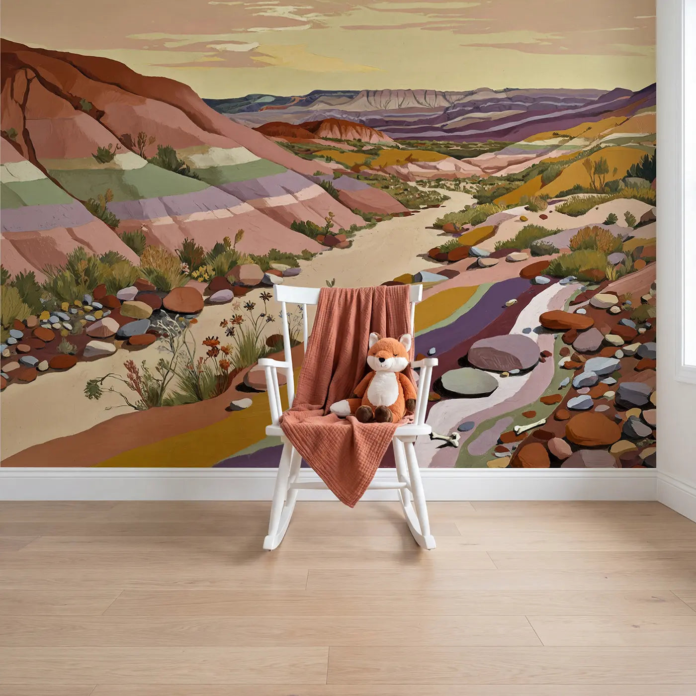 Modern Illustration painted desert rainbow hills wallpaper mural for girls room by Whimsy Tots
