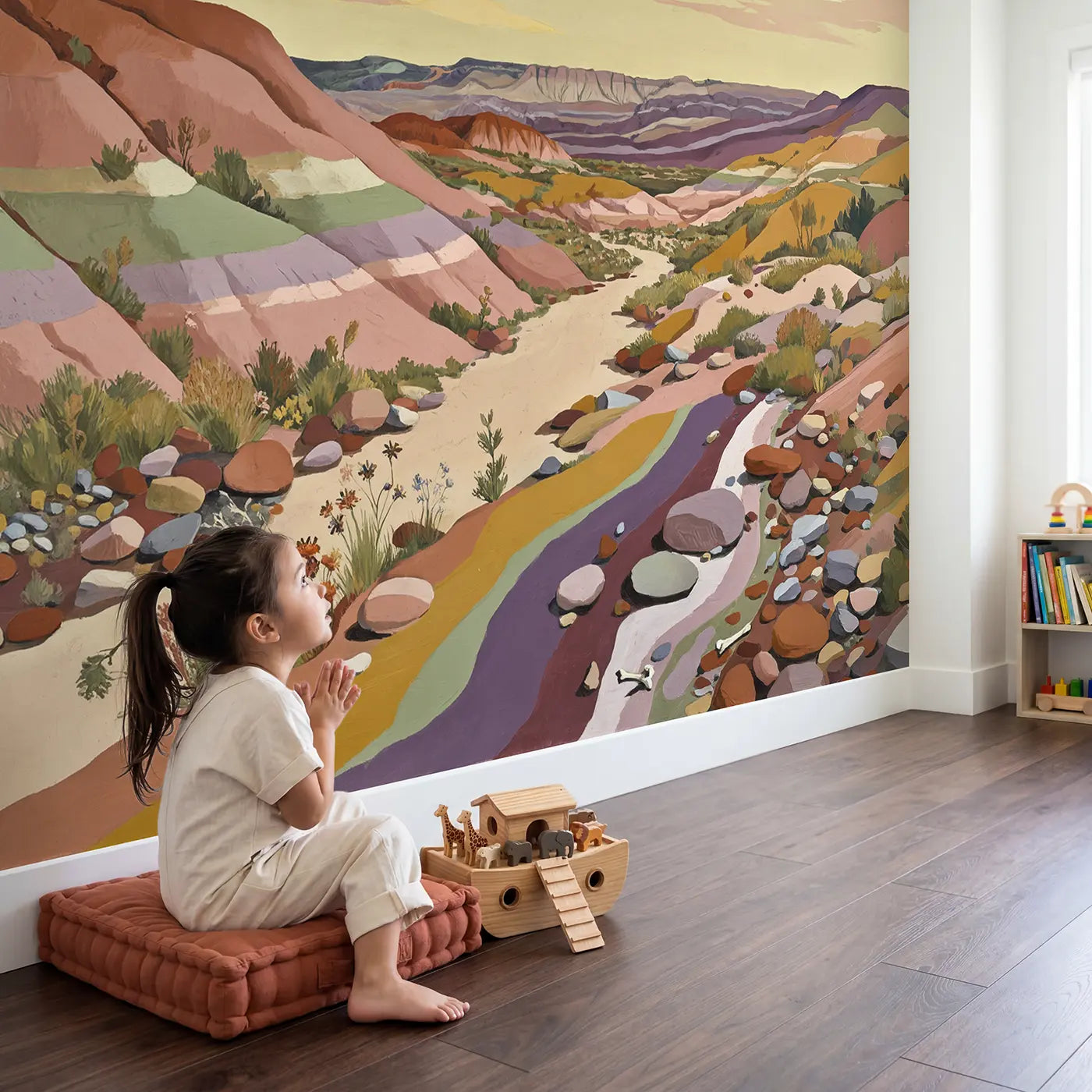 Child in nursery with Painted Desert Rainbow Hills Wallpaper Mural by Whimsy Tots