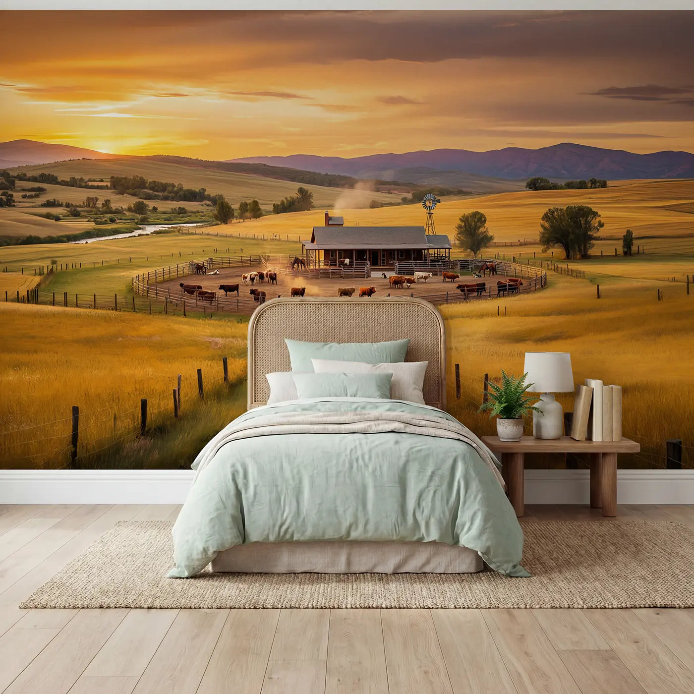 Soft pastel working cattle ranch sunset wallpaper mural for kids room by Whimsy Tots