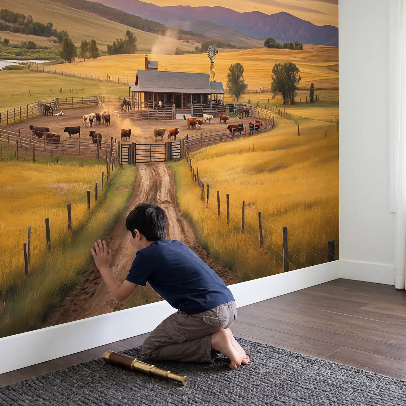 Child in nursery with Working Cattle Ranch Wallpaper Mural by Whimsy Tots