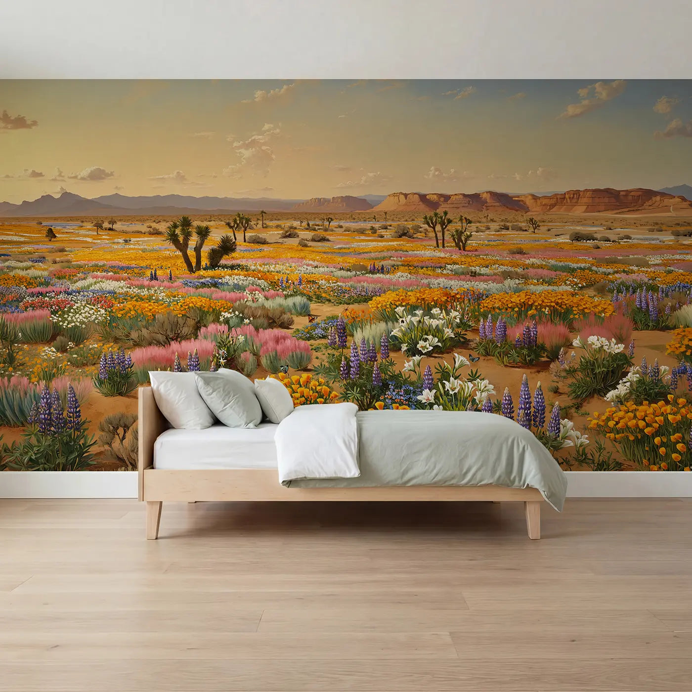 Painted landscape desert super bloom wildflower wallpaper mural for boys room by Whimsy Tots