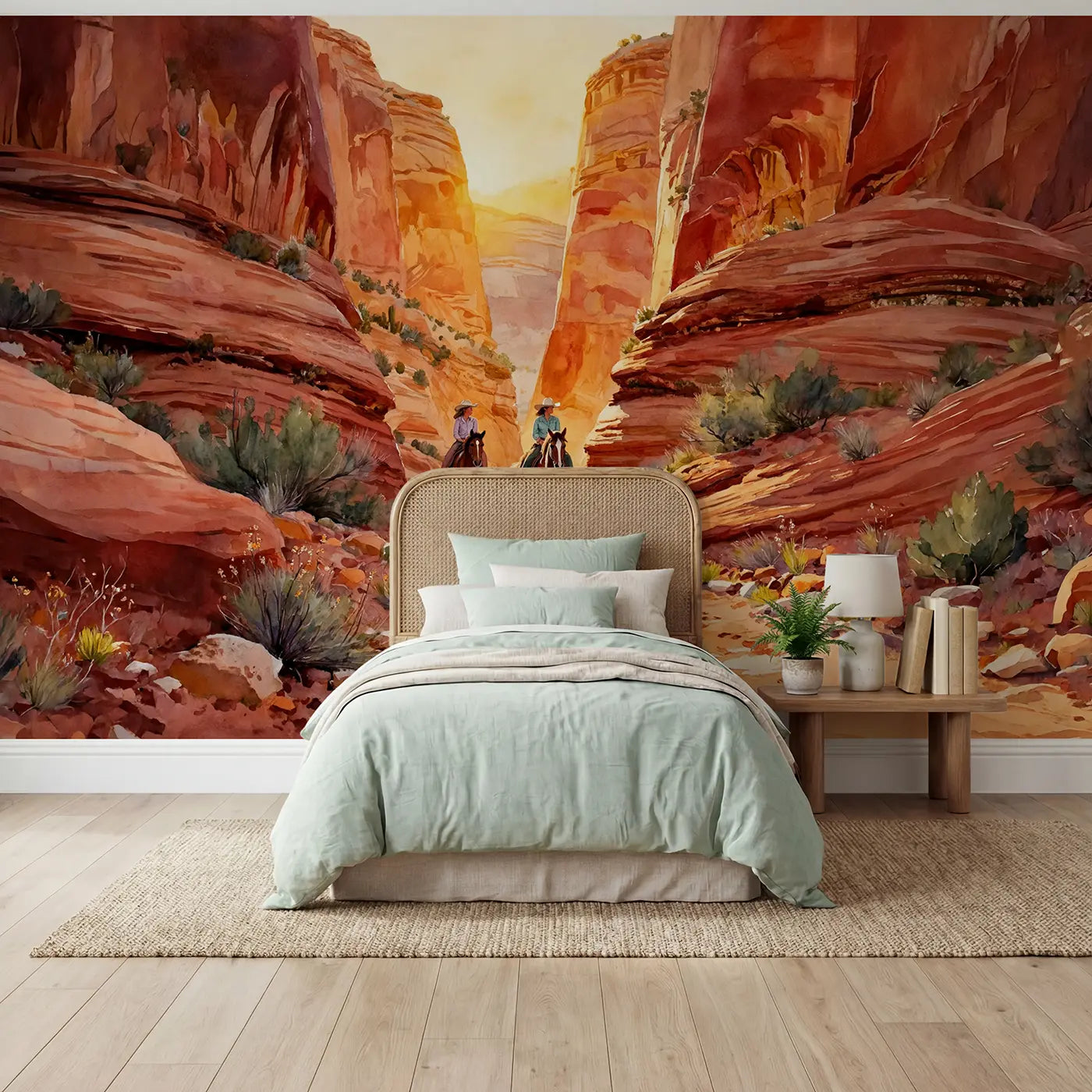 Watercolor horse and canyon wallpaper mural for kids room by Whimsy Tots