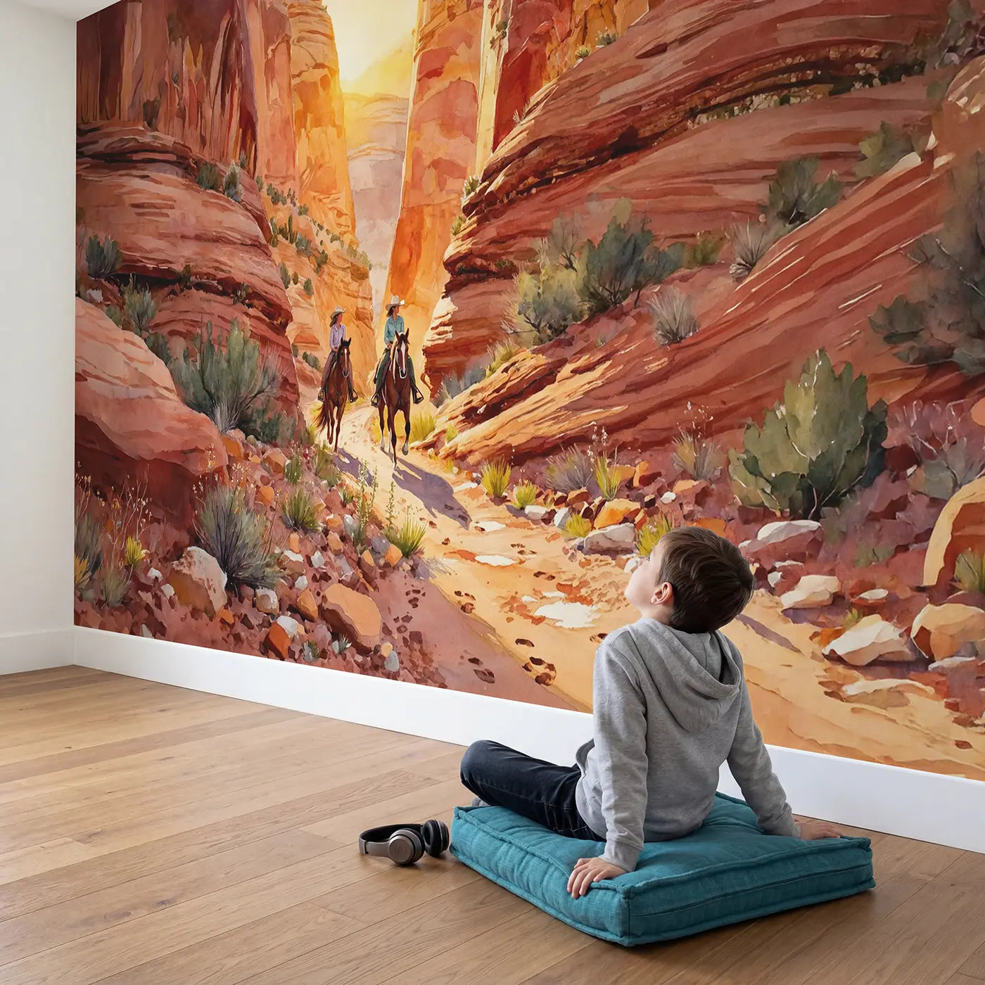 Child in nursery with Canyon Trail Cowgirl Ride Wallpaper Mural by Whimsy Tots