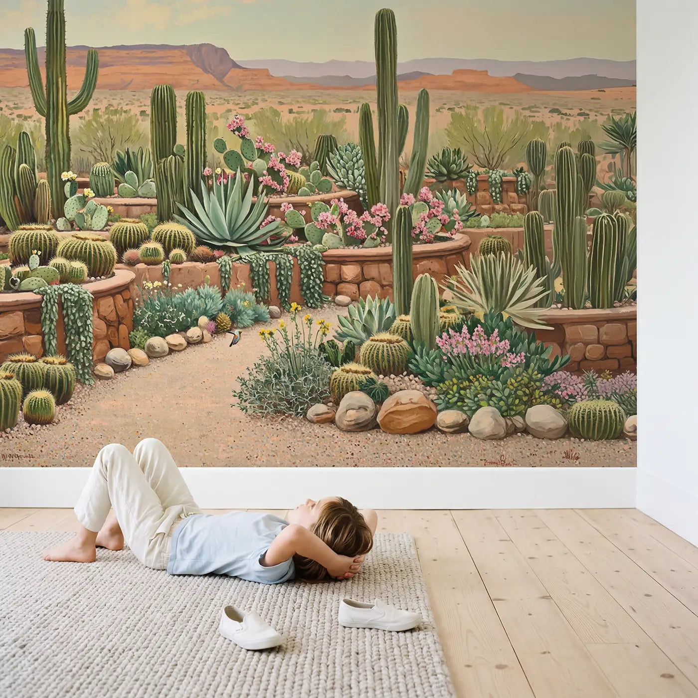 Child in nursery with Desert Cactus Garden Collection Wallpaper Mural by Whimsy Tots