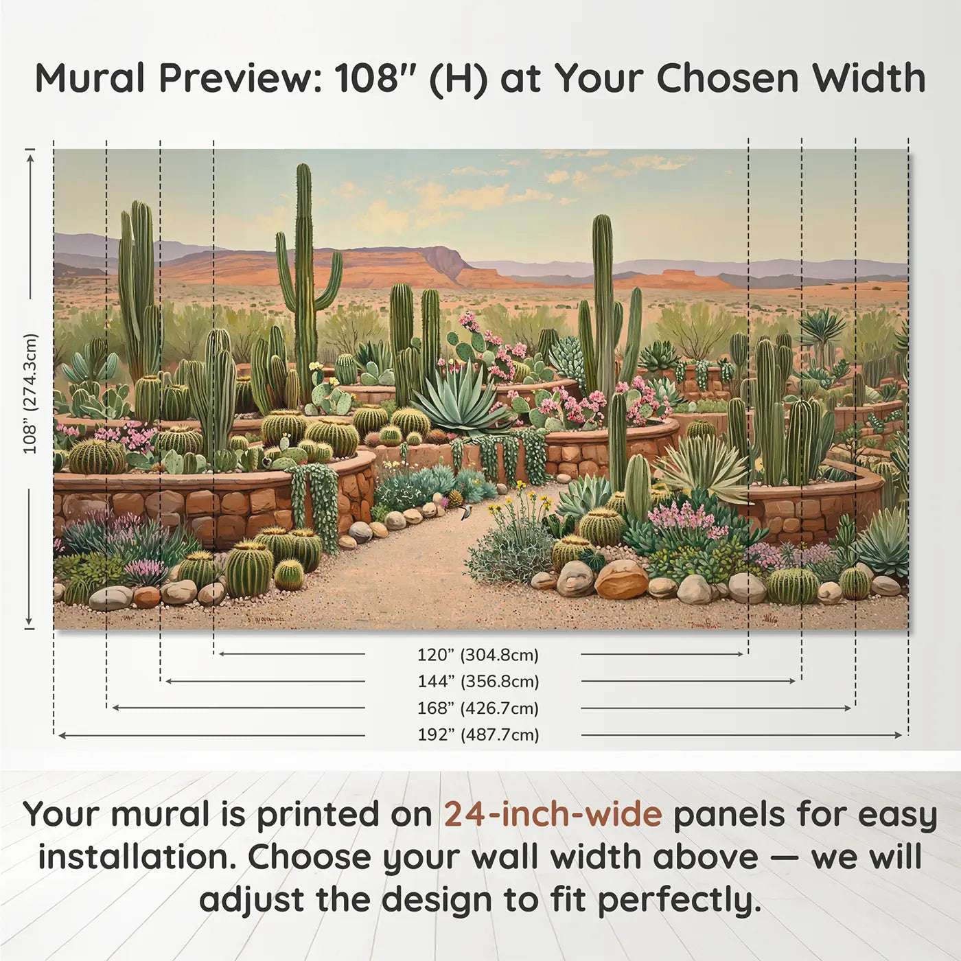 Panel layout and dimensions for Desert Cactus Garden Collection Wallpaper Mural by Whimsy Tots