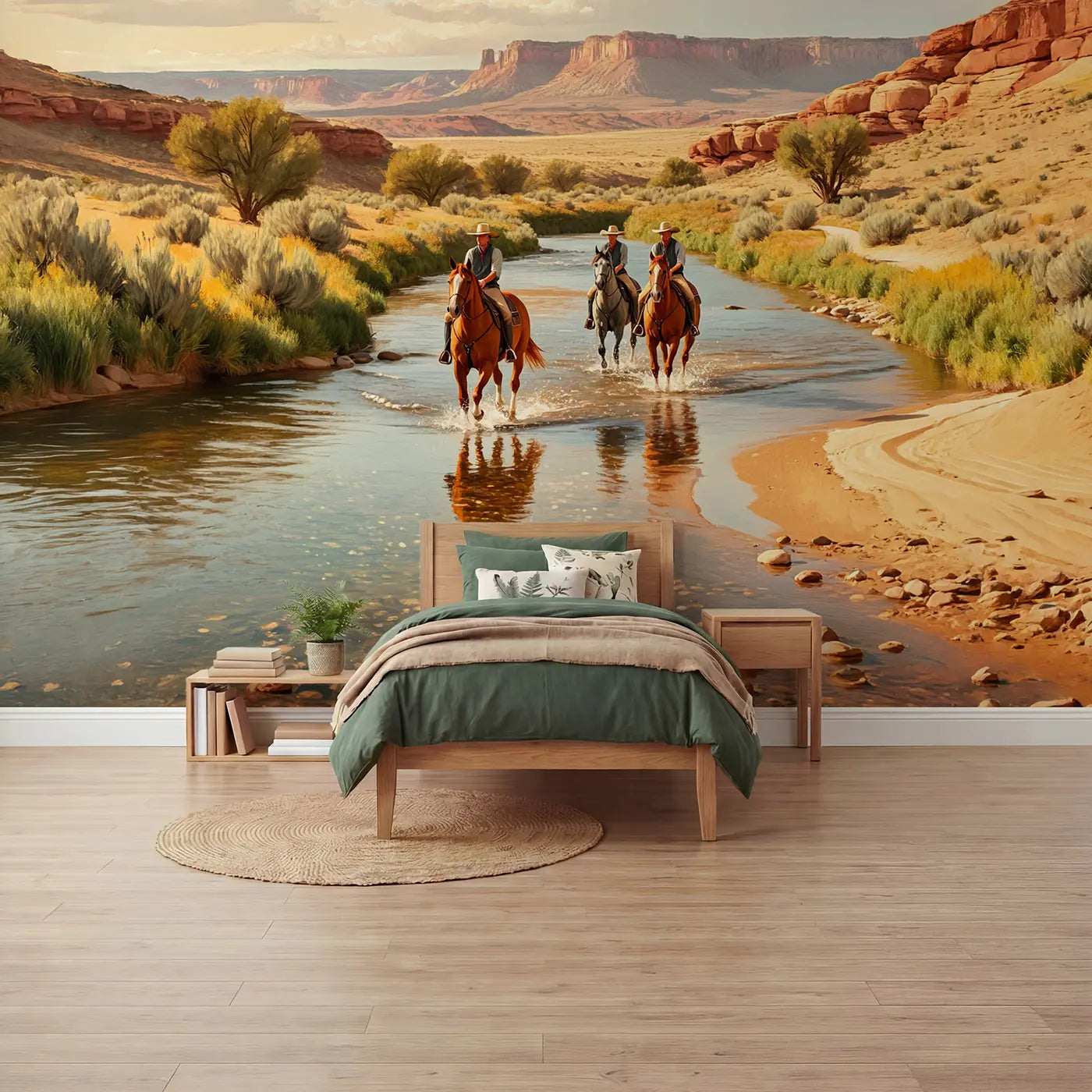Soft pastel desert river crossing canyon wallpaper mural for boys room by Whimsy Tots