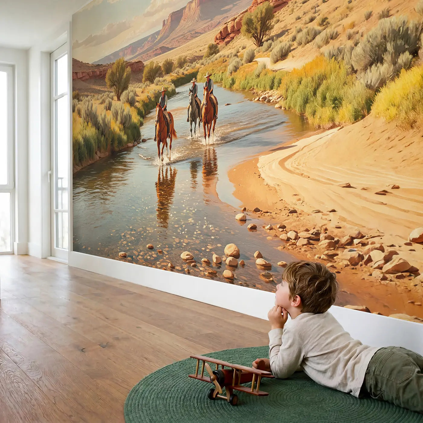 Child in nursery with Desert River Crossing Wallpaper Mural by Whimsy Tots