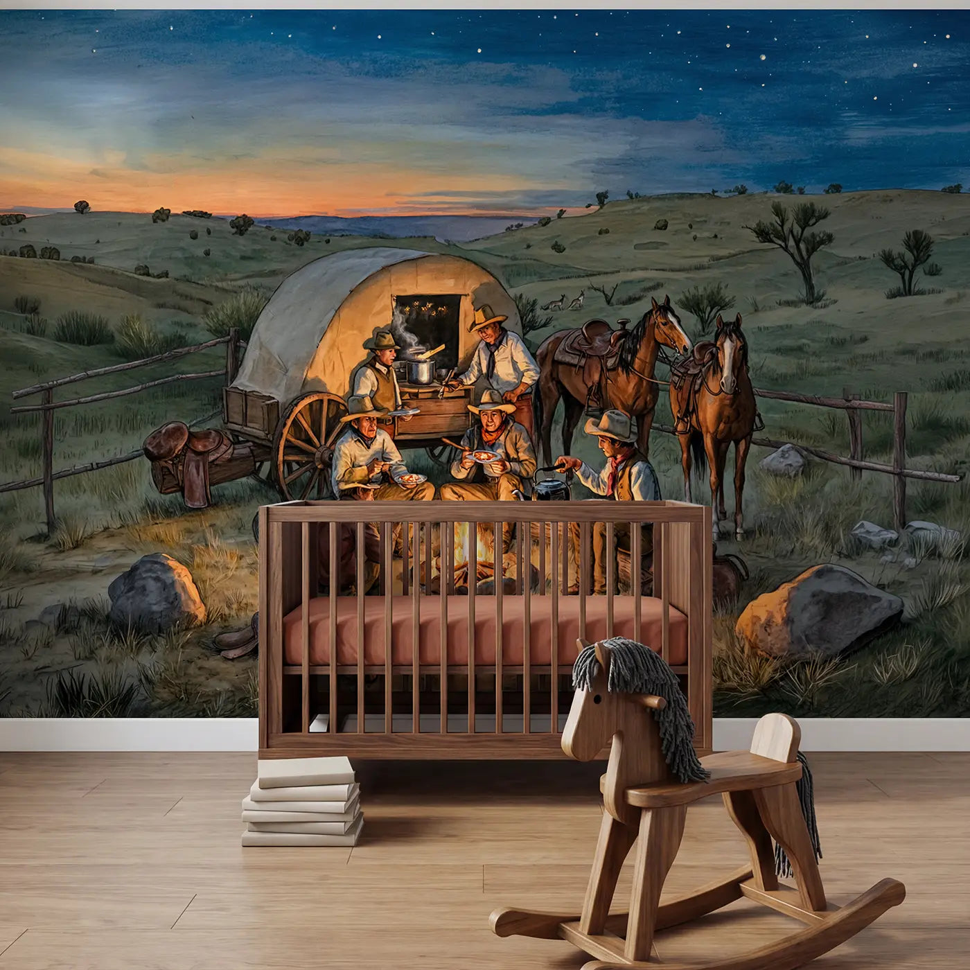 Storybook chuck wagon campfire desert wallpaper mural for kids room by Whimsy Tots