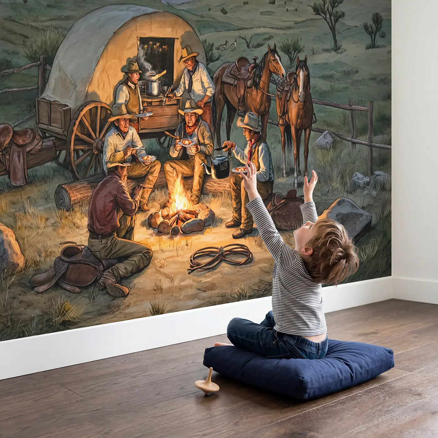 Child in nursery with Chuck Wagon Campfire Wallpaper Mural by Whimsy Tots