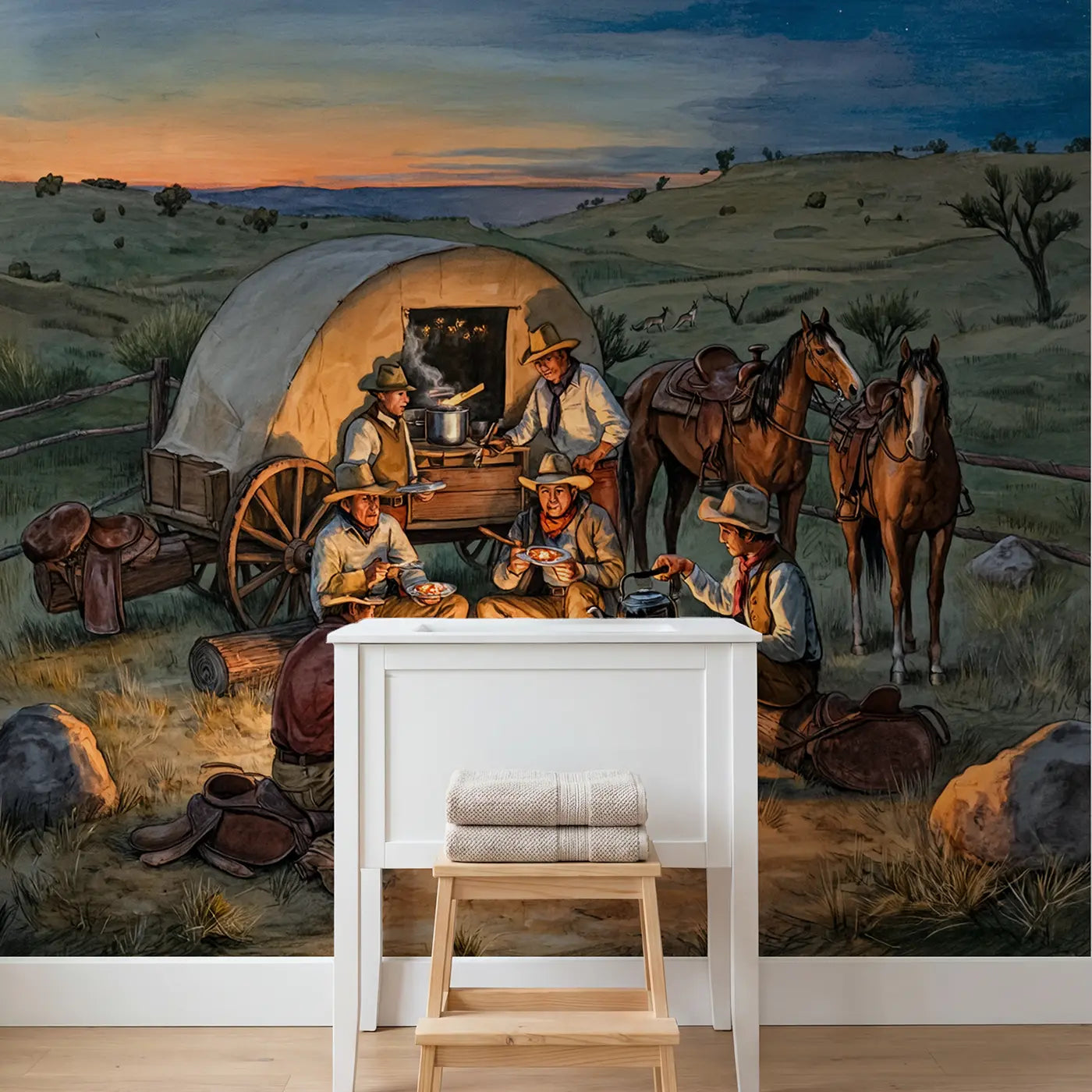 Chuck Wagon Campfire Wallpaper Mural in playroom setting by Whimsy Tots