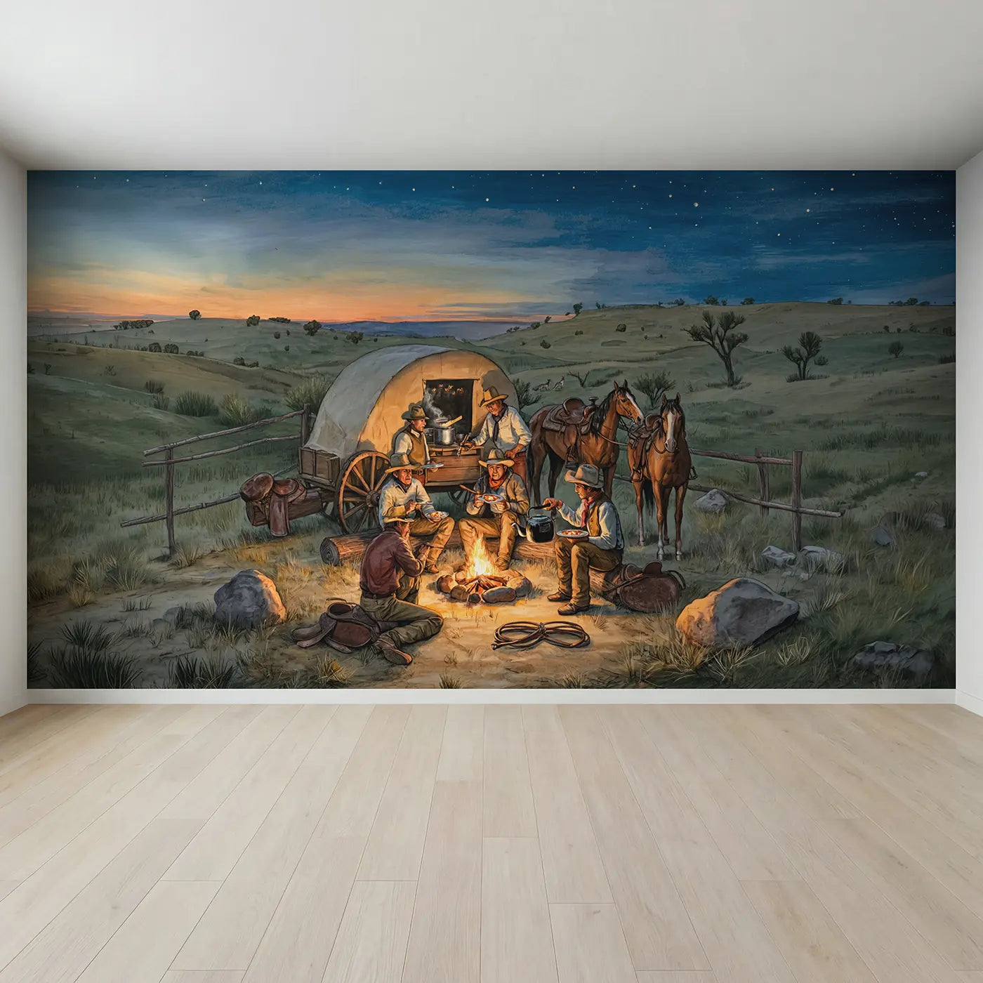Full view of Chuck Wagon Campfire Wallpaper Mural by Whimsy Tots