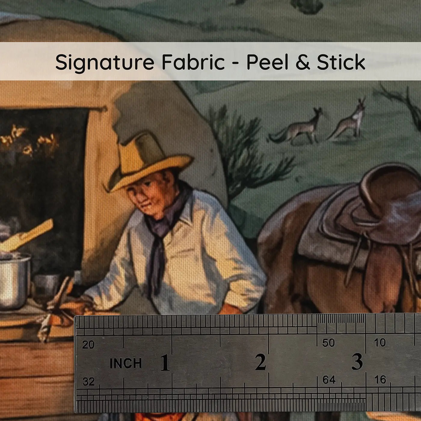 Fabric texture close-up of Chuck Wagon Campfire Wallpaper Mural by Whimsy Tots
