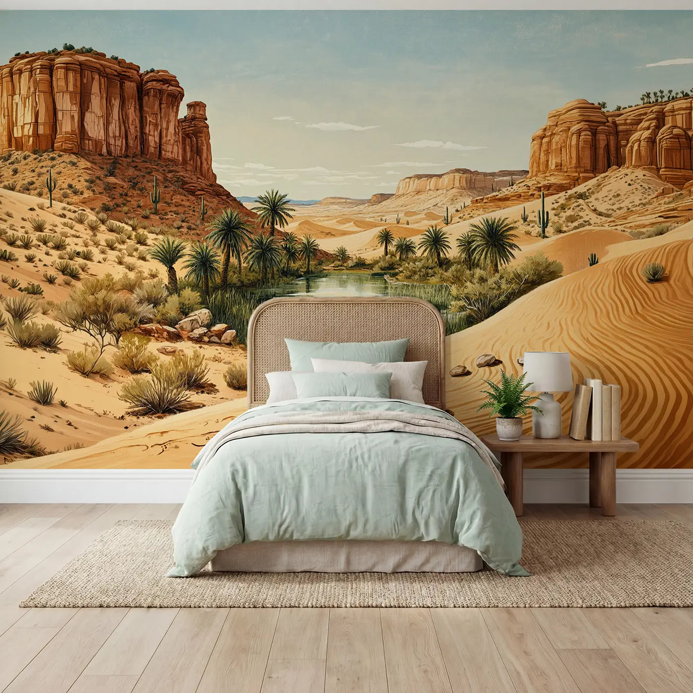 Block print desert oasis cactus canyon wallpaper mural for kids room by Whimsy Tots
