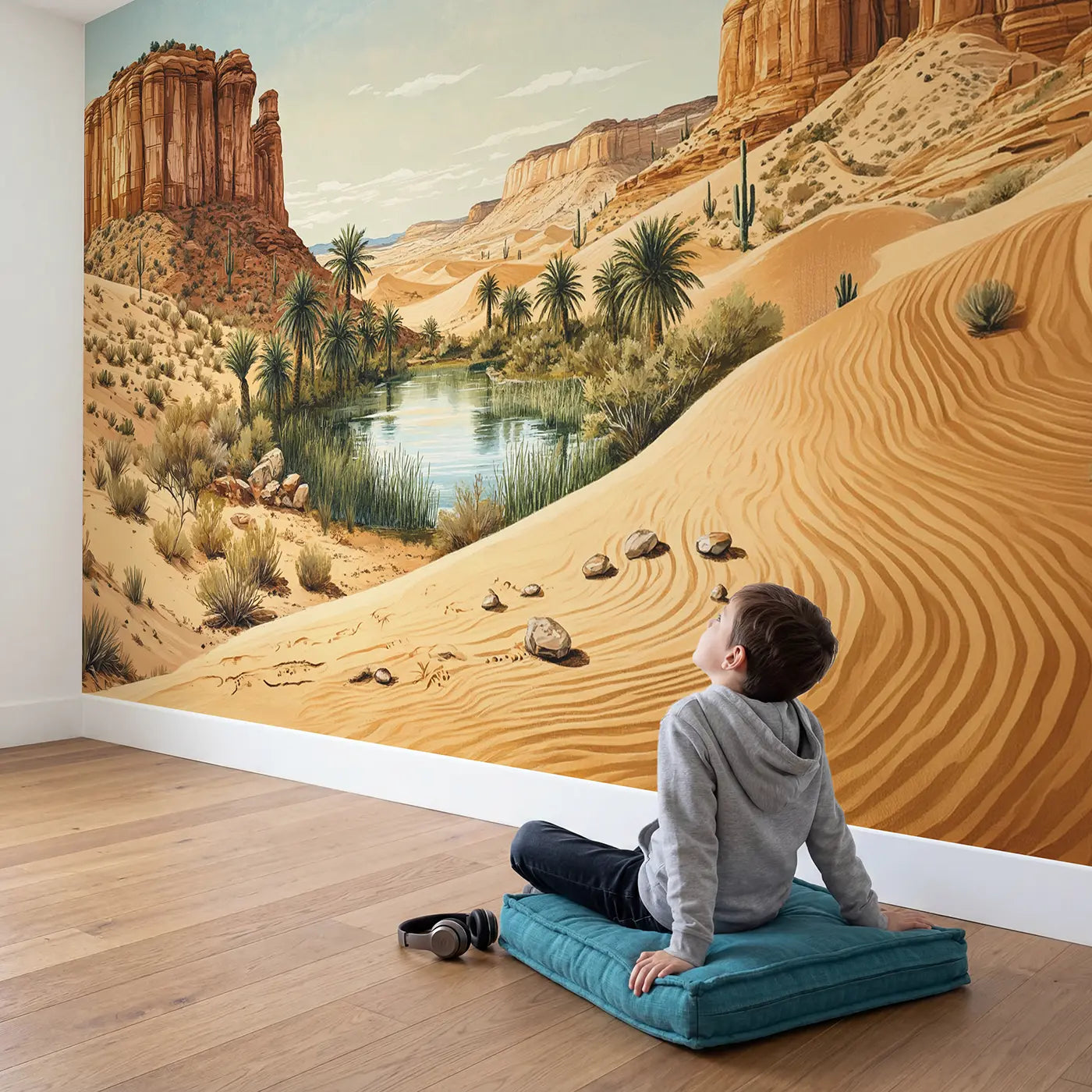 Child in nursery with Desert Oasis Spring Wallpaper Mural by Whimsy Tots