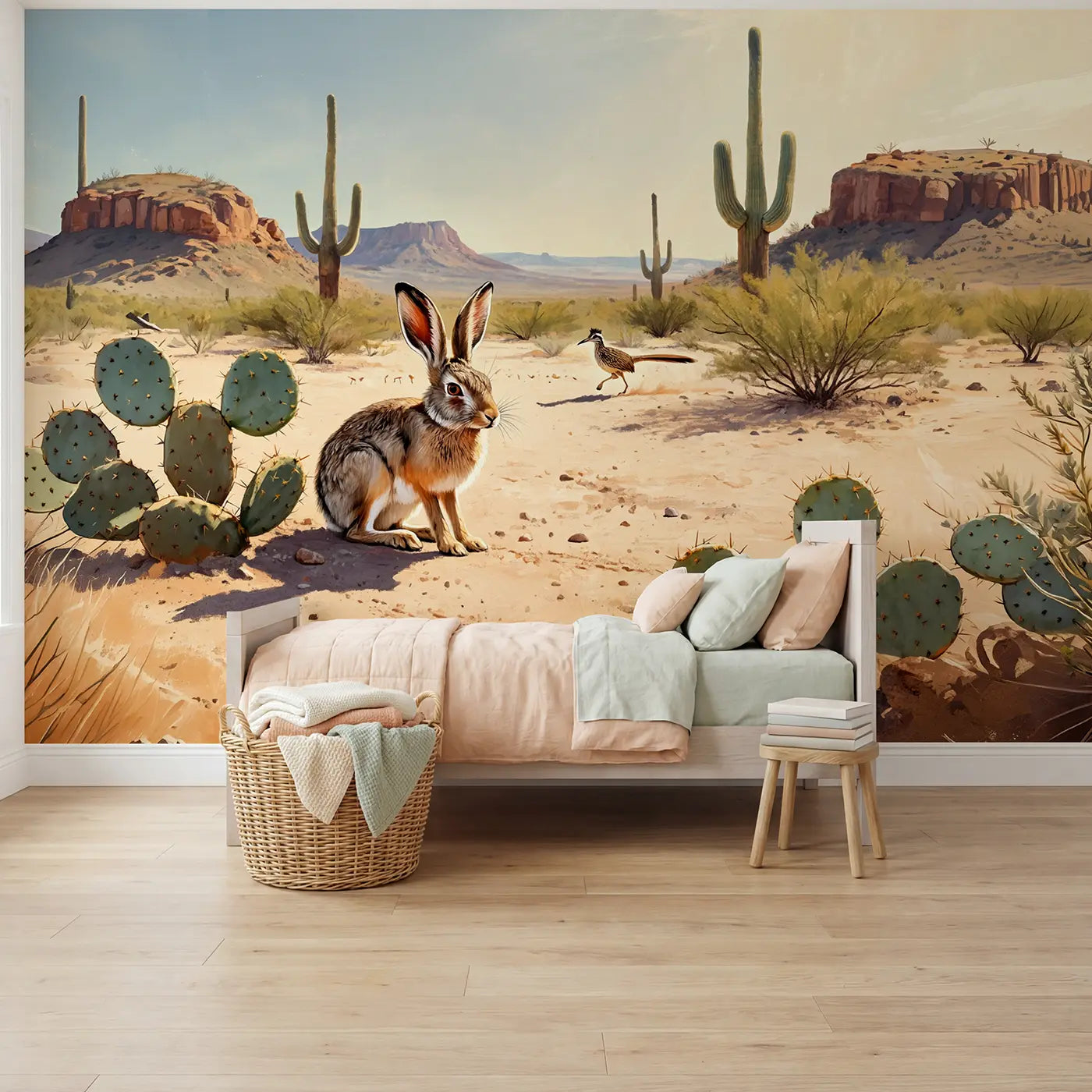 Soft pastel jackrabbit among prickly pear wallpaper mural for girls room by Whimsy Tots