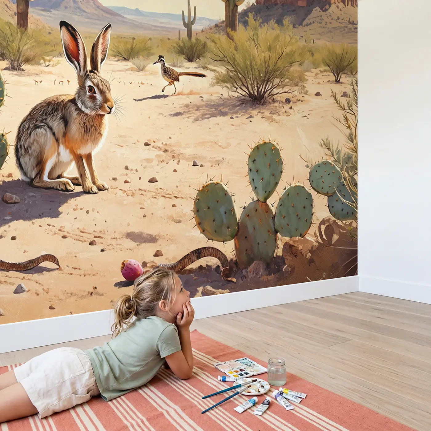 Child in nursery with Desert Jackrabbit Prickly Pear Wallpaper Mural by Whimsy Tots