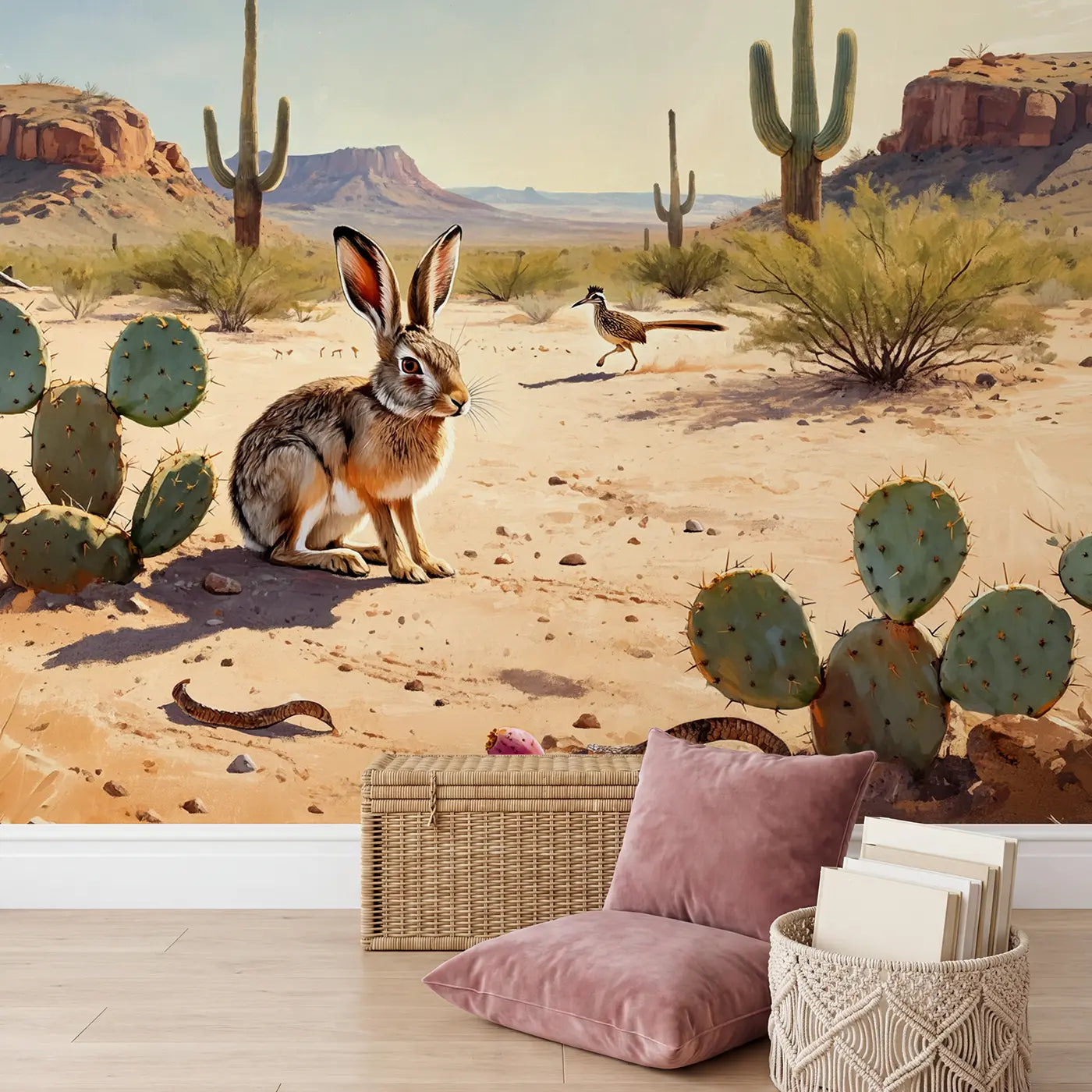 Desert Jackrabbit Prickly Pear Wallpaper Mural in playroom setting by Whimsy Tots