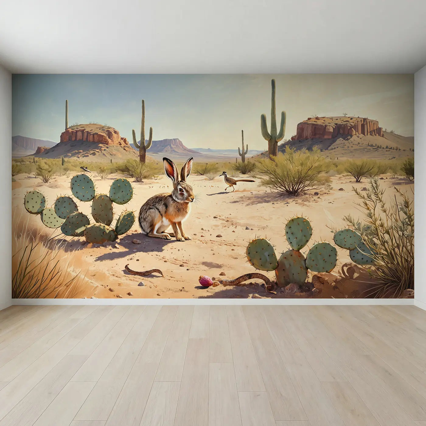Full view of Desert Jackrabbit Prickly Pear Wallpaper Mural by Whimsy Tots