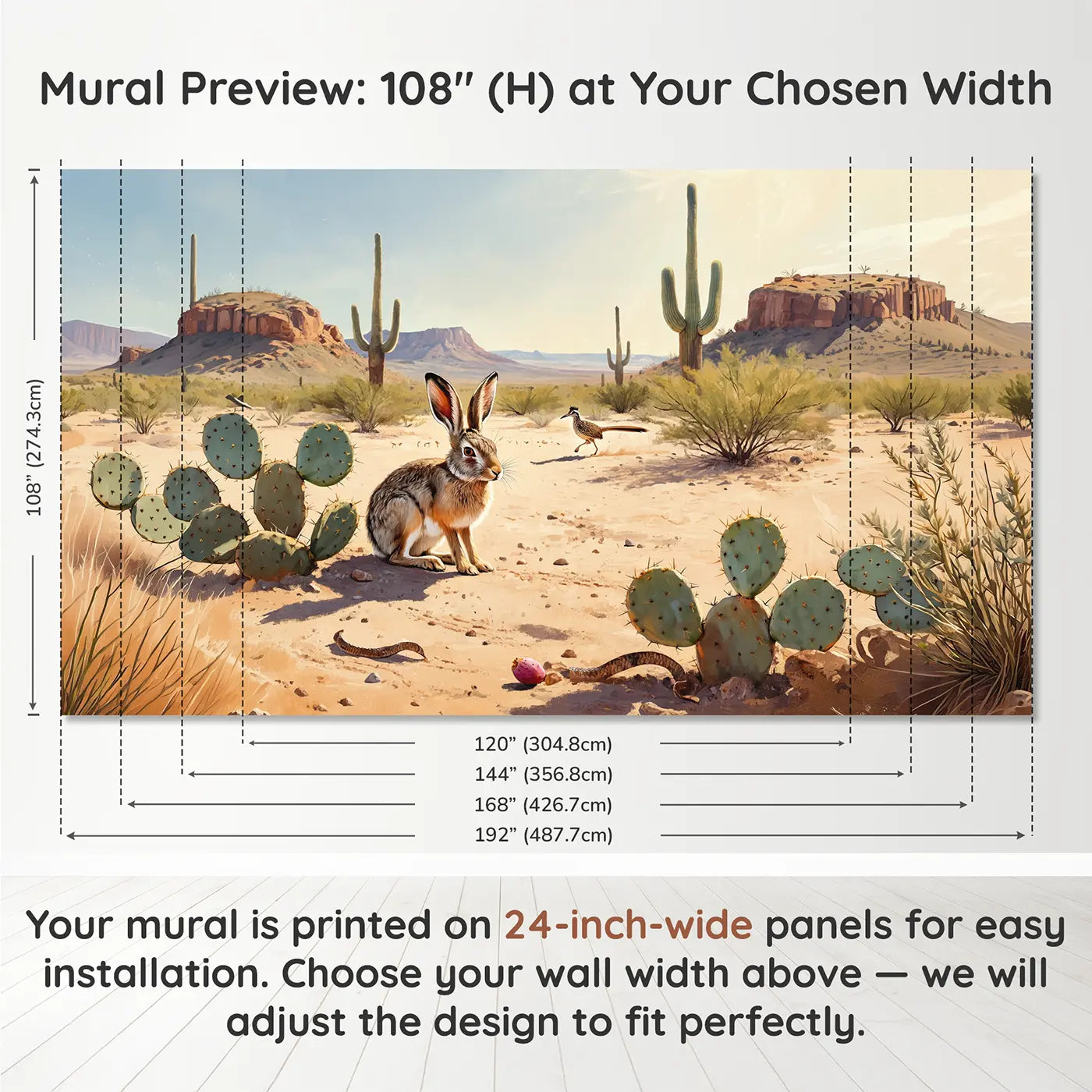 Panel layout and dimensions for Desert Jackrabbit Prickly Pear Wallpaper Mural by Whimsy Tots