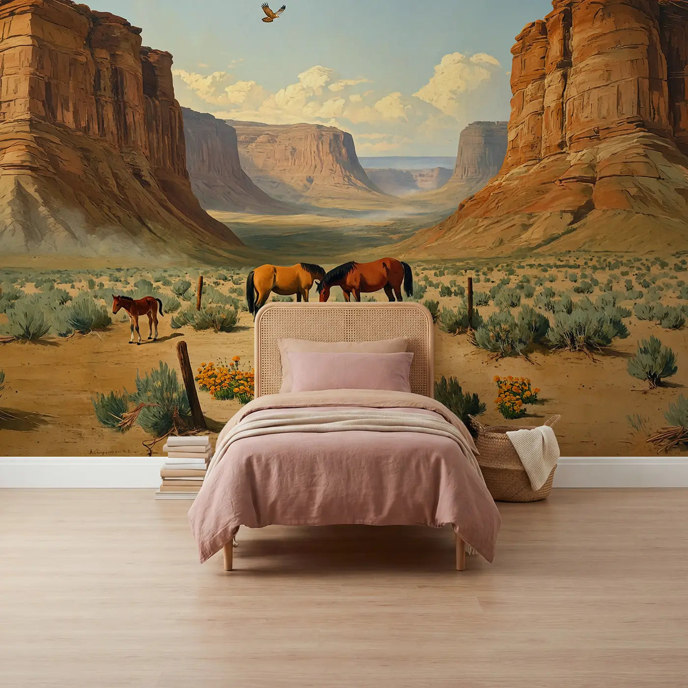 Painted landscape wild mustang valley wallpaper mural for girls room by Whimsy Tots