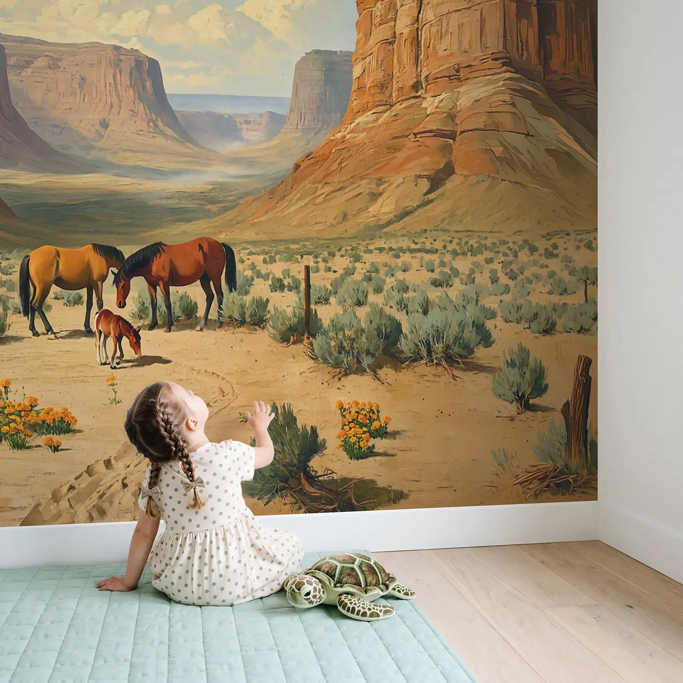 Child in nursery with Wild Mustang Valley Family Wallpaper Mural by Whimsy Tots