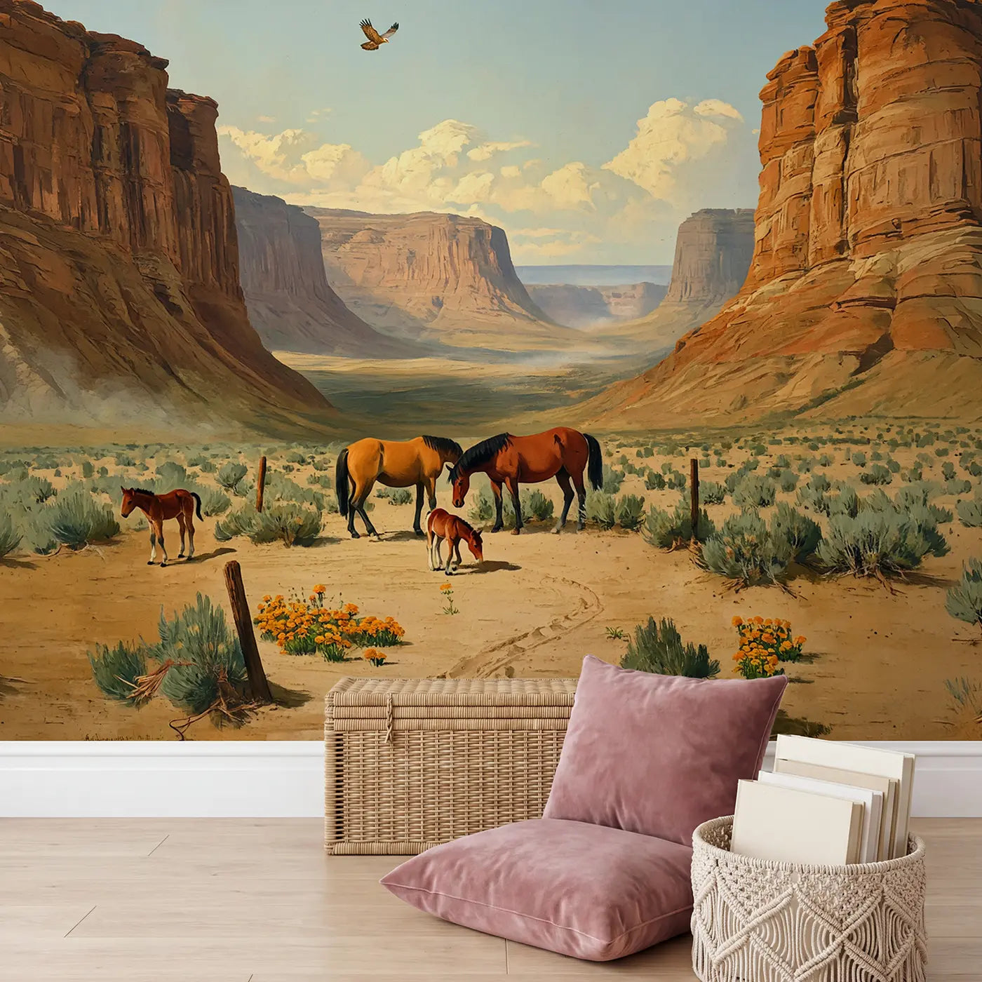 Wild Mustang Valley Family Wallpaper Mural in playroom setting by Whimsy Tots