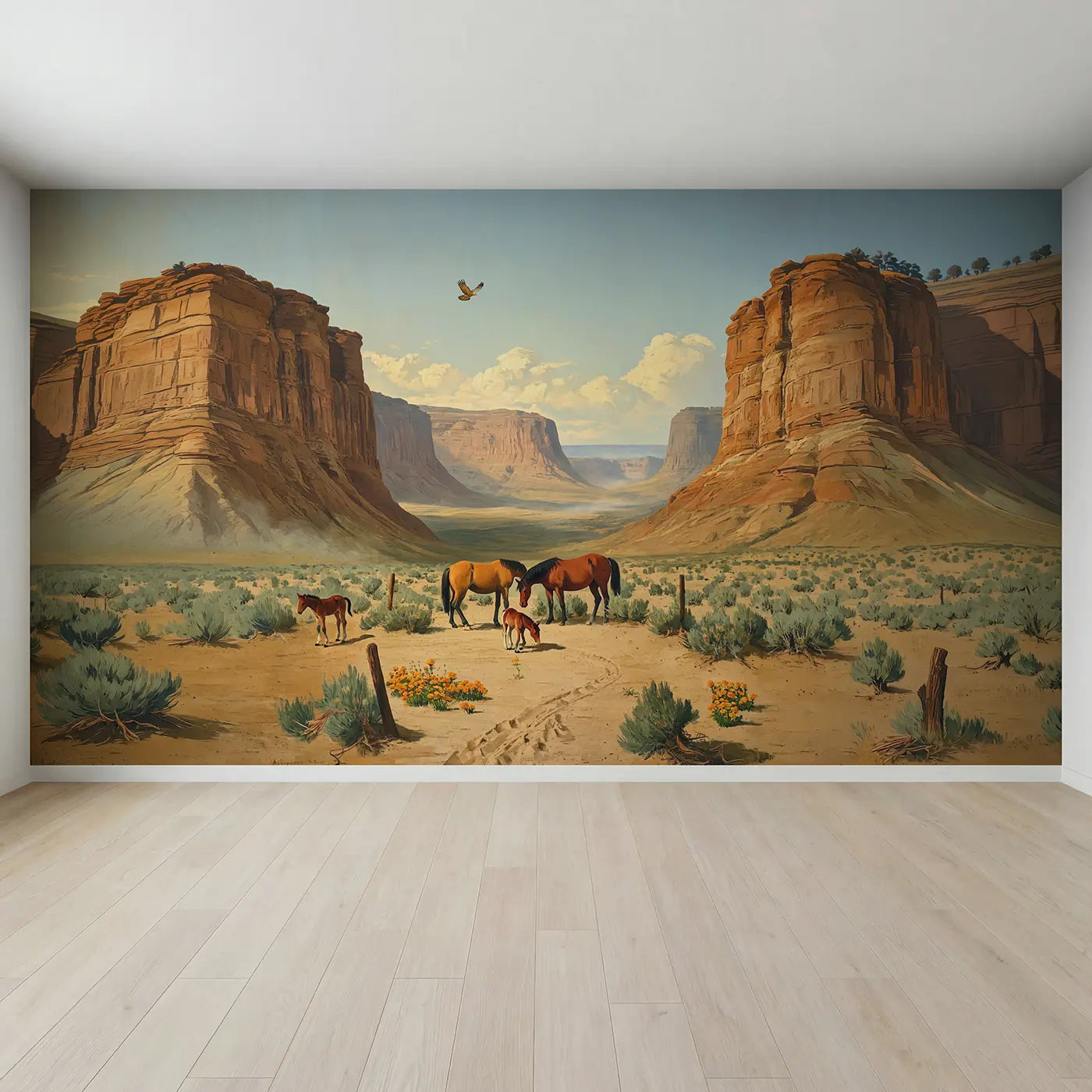 Full view of Wild Mustang Valley Family Wallpaper Mural by Whimsy Tots