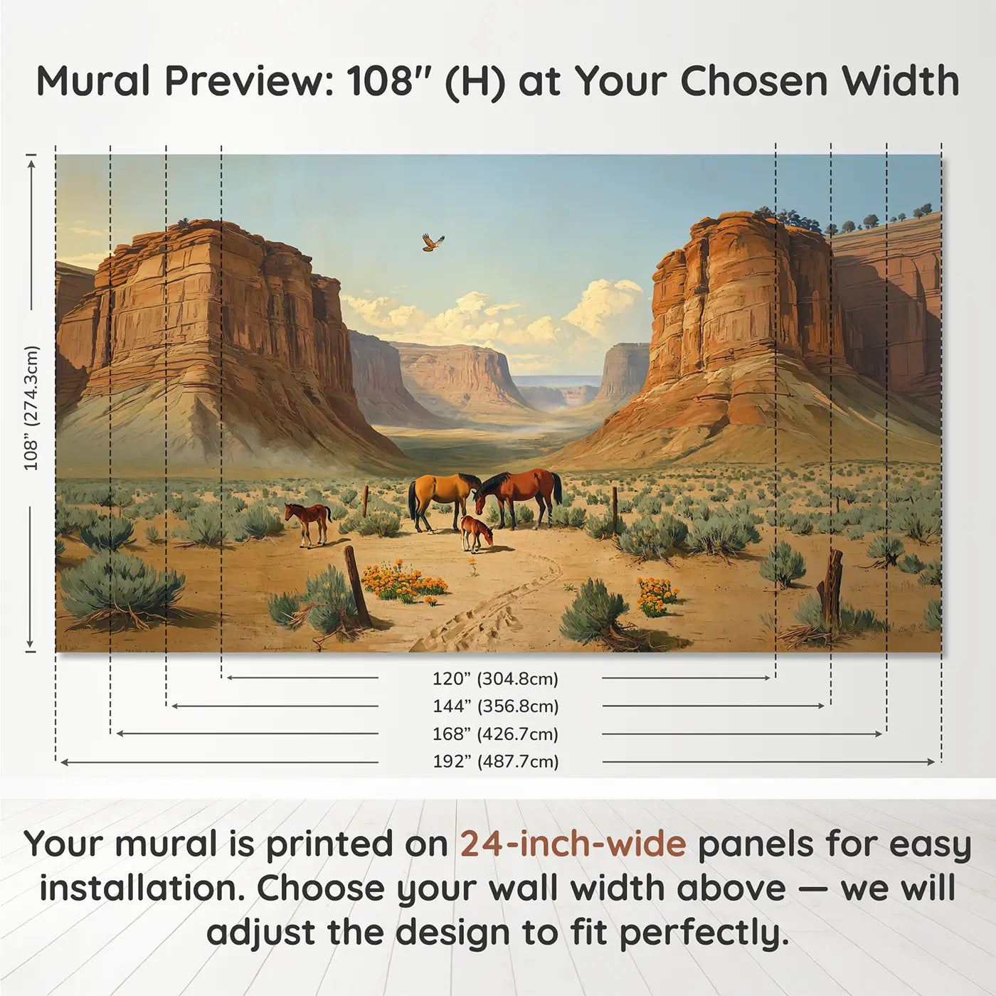 Panel layout and dimensions for Wild Mustang Valley Family Wallpaper Mural by Whimsy Tots