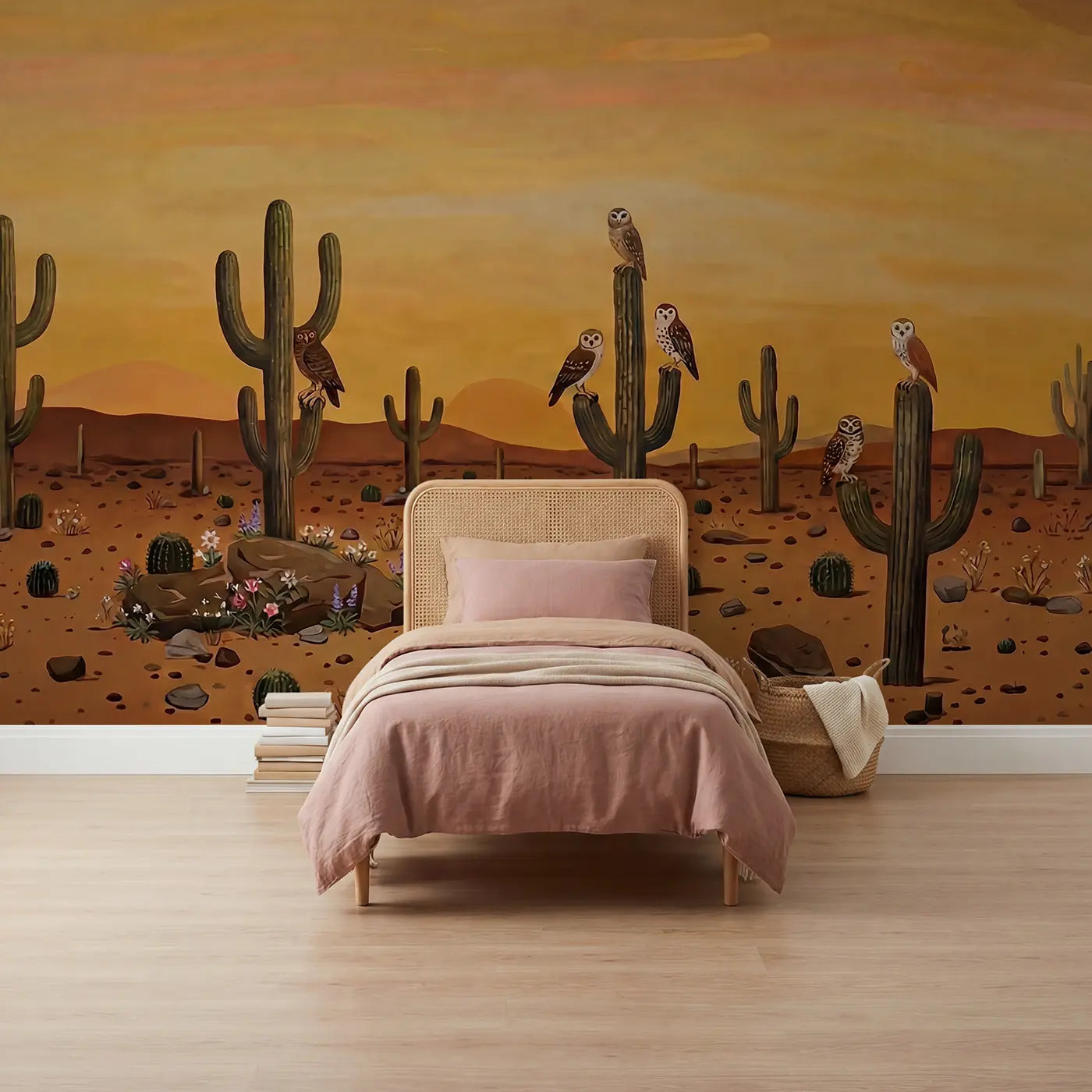 illustrated owl hawk desert canyon wallpaper mural for girls room by Whimsy Tots
