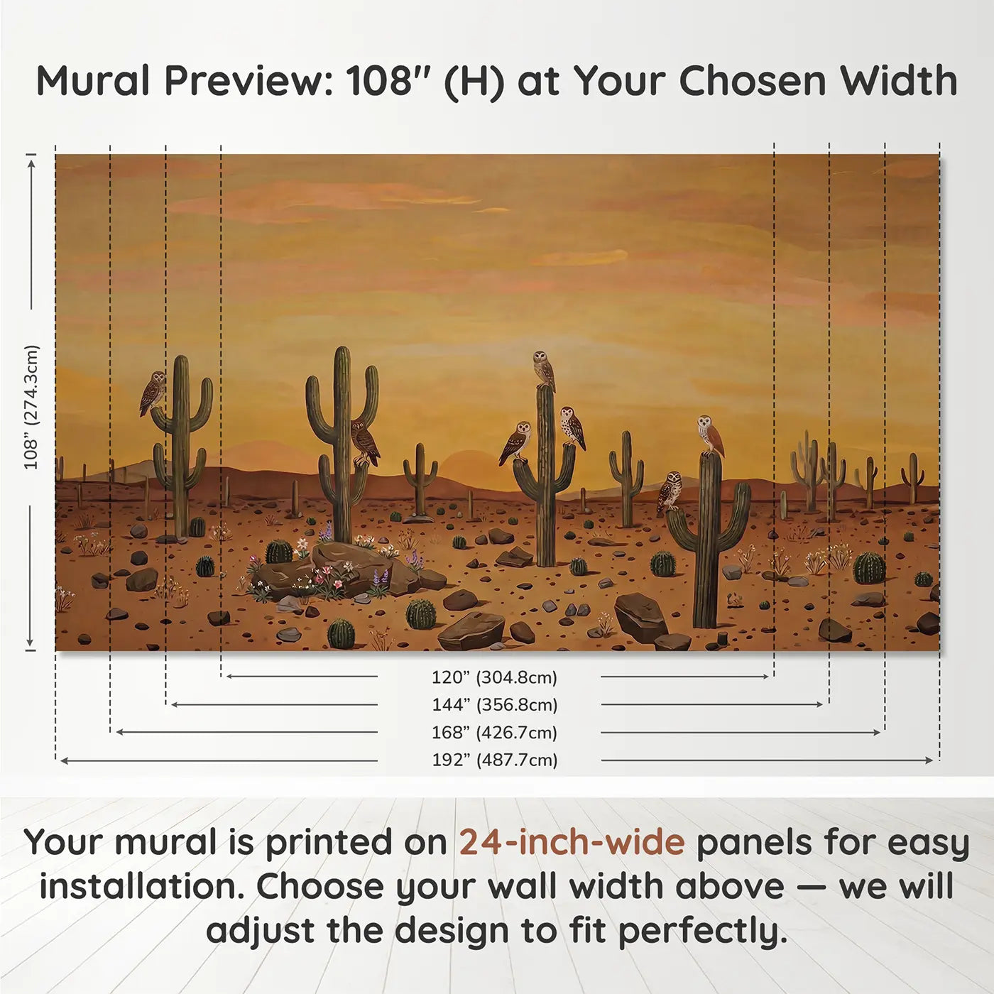 Panel layout and dimensions for Owl Hawk Perched Different Wallpaper Mural by Whimsy Tots