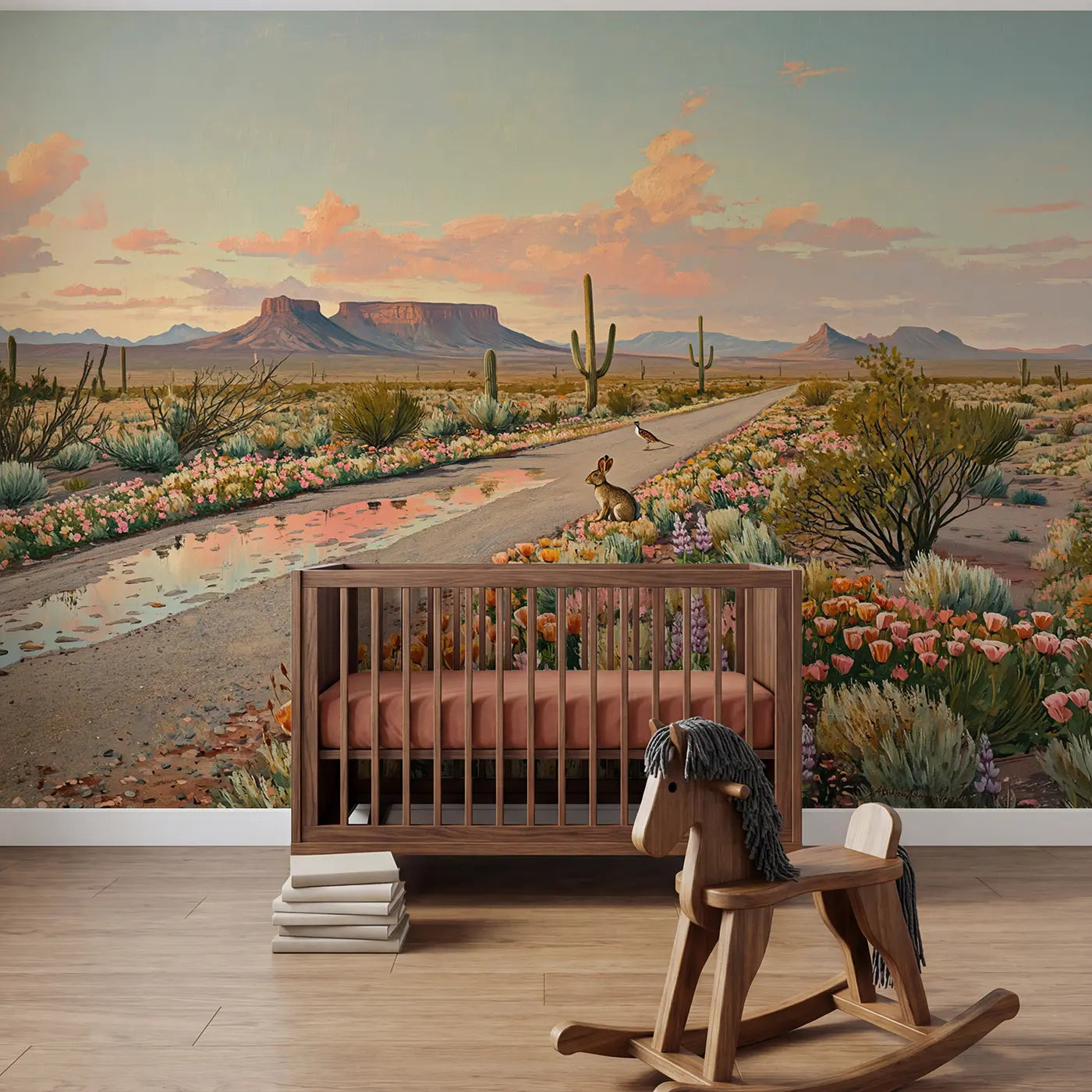 Painted landscape desert road with wildflowers wallpaper mural for kids room by Whimsy Tots