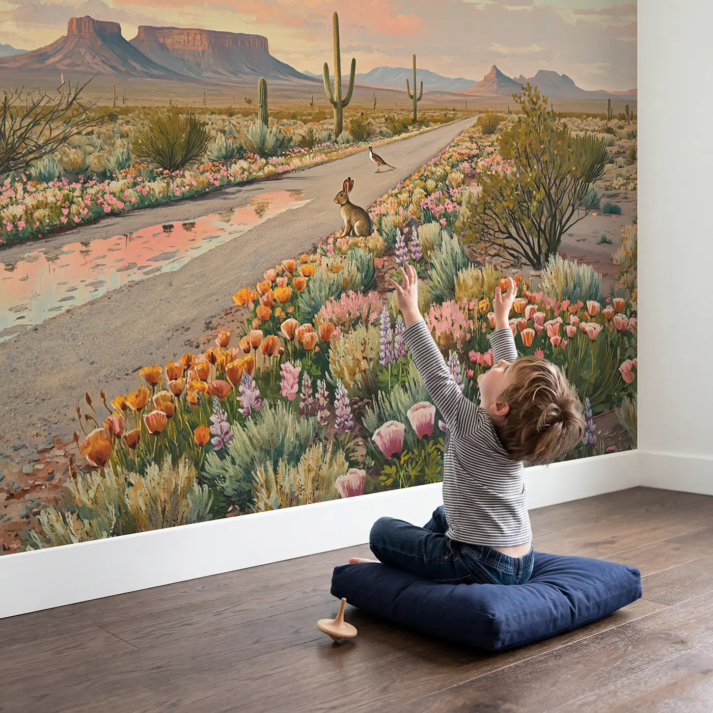 Child in nursery with Desert Bloom Road Wallpaper Mural by Whimsy Tots