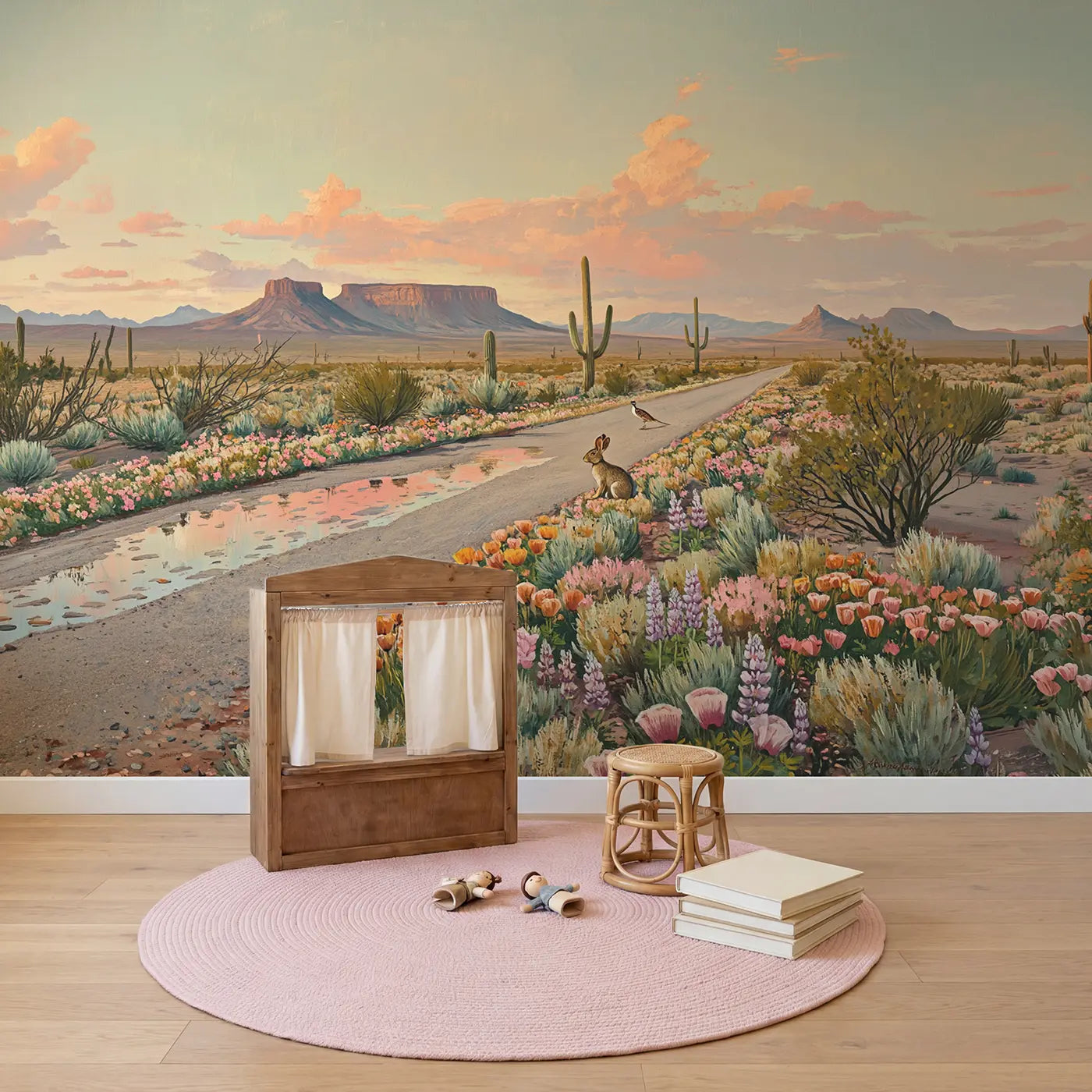 Desert Bloom Road Wallpaper Mural in playroom setting by Whimsy Tots