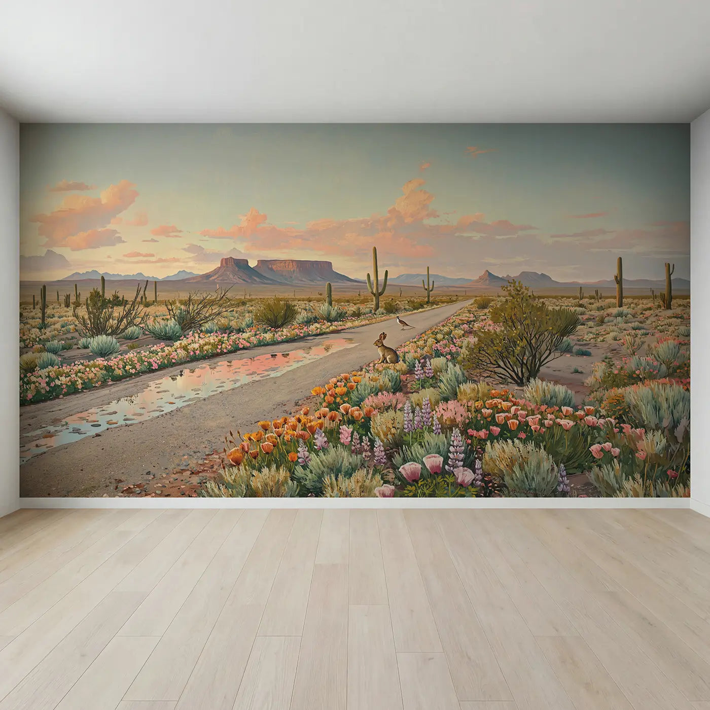 Full view of Desert Bloom Road Wallpaper Mural by Whimsy Tots