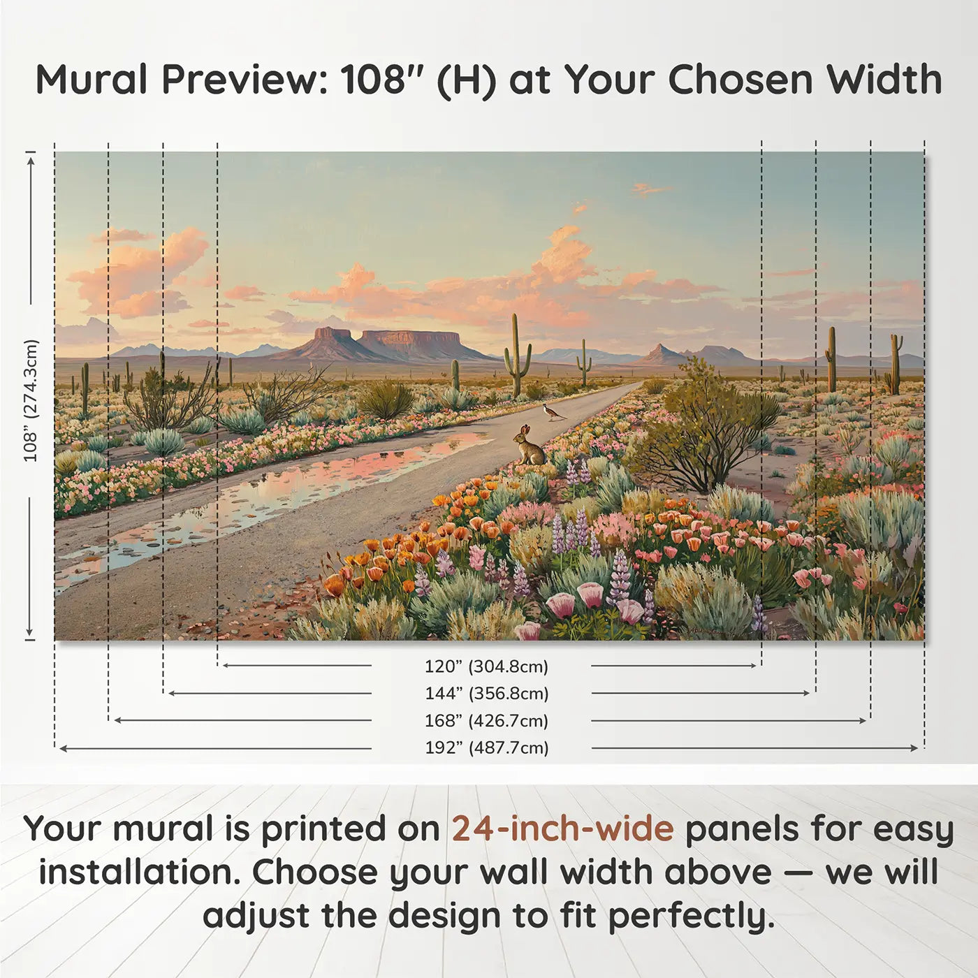 Panel layout and dimensions for Desert Bloom Road Wallpaper Mural by Whimsy Tots