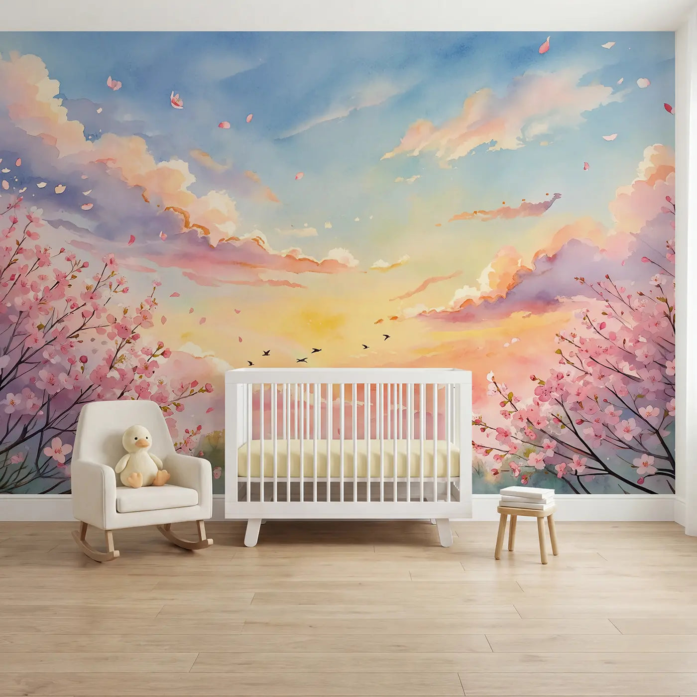 Watercolor sunrise and cloud underwater wallpaper mural for kids room by Whimsy Tots