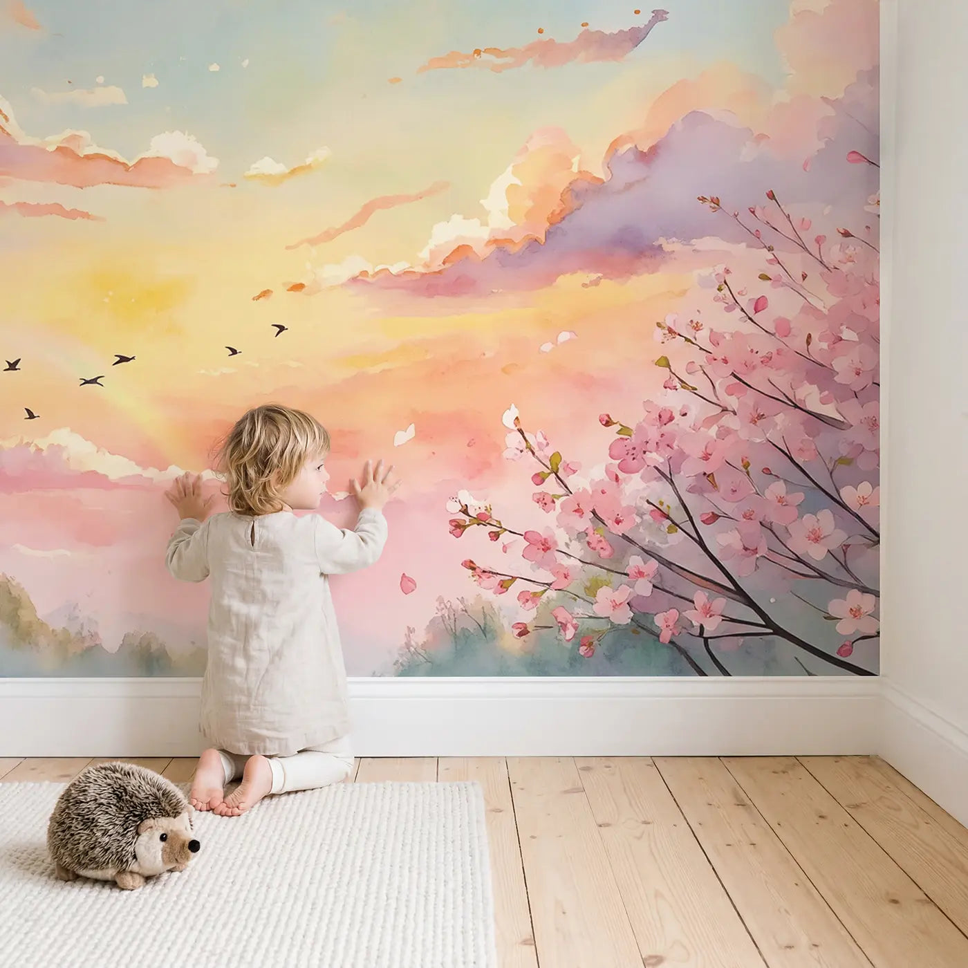 Child in nursery with Spring Sunrise Sky Wallpaper Mural by Whimsy Tots