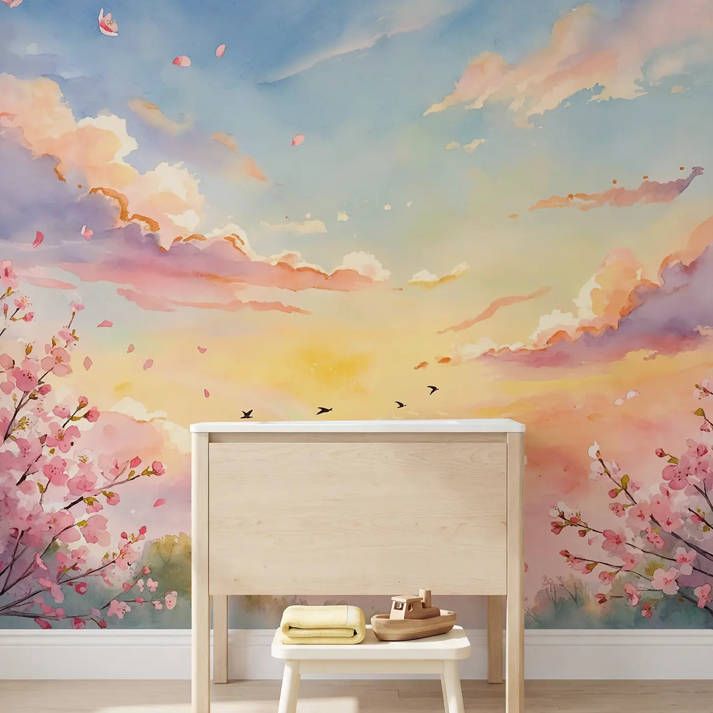 Spring Sunrise Sky Wallpaper Mural in playroom setting by Whimsy Tots