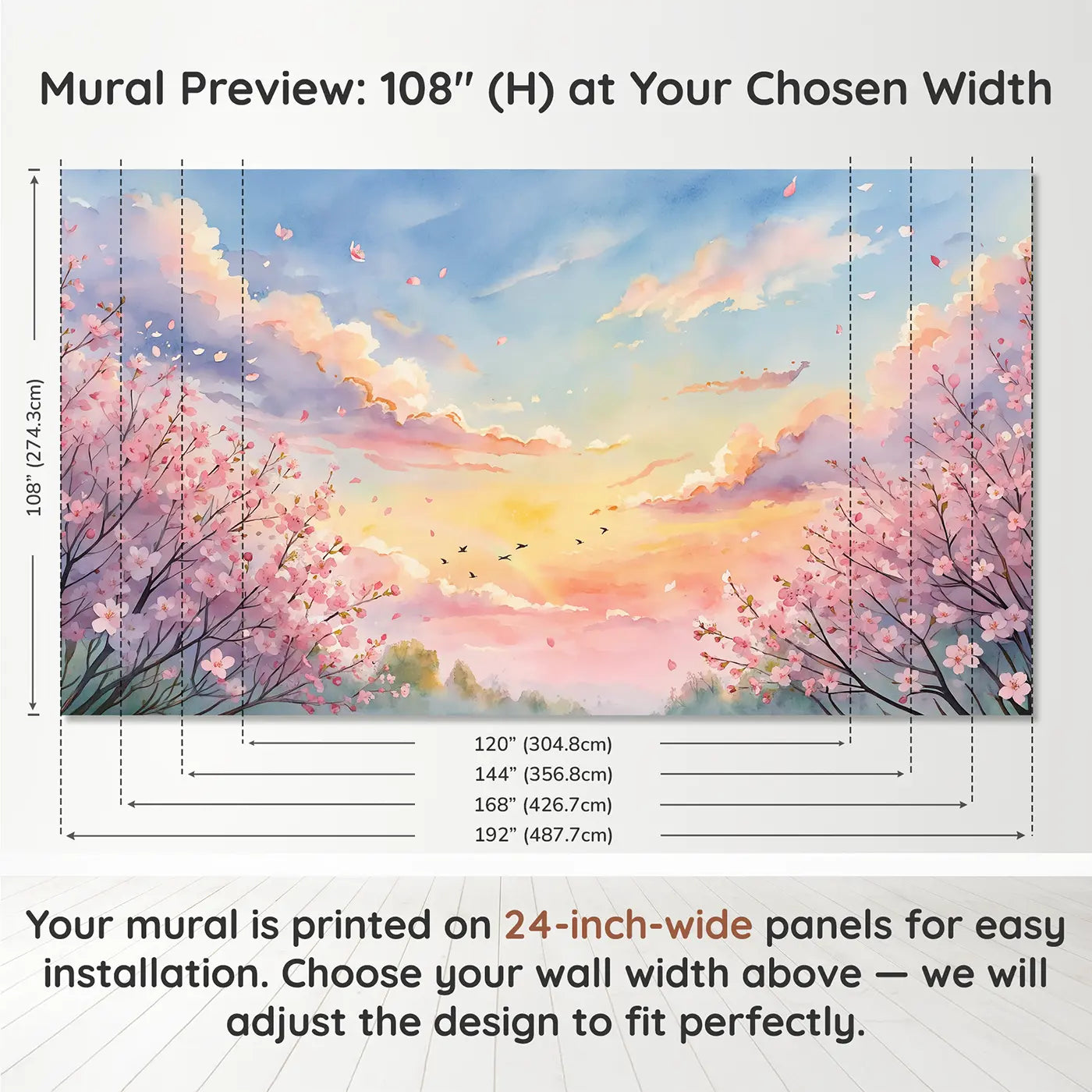 Panel layout and dimensions for Spring Sunrise Sky Wallpaper Mural by Whimsy Tots