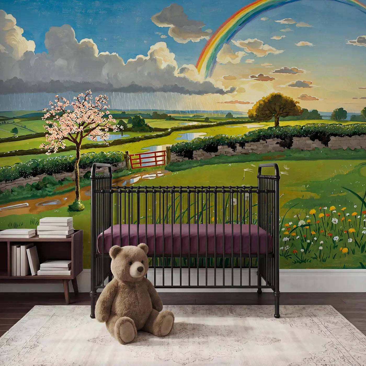 modern illustration spring rainbow meadow rain shower wallpaper mural for nursery by Whimsy Tots